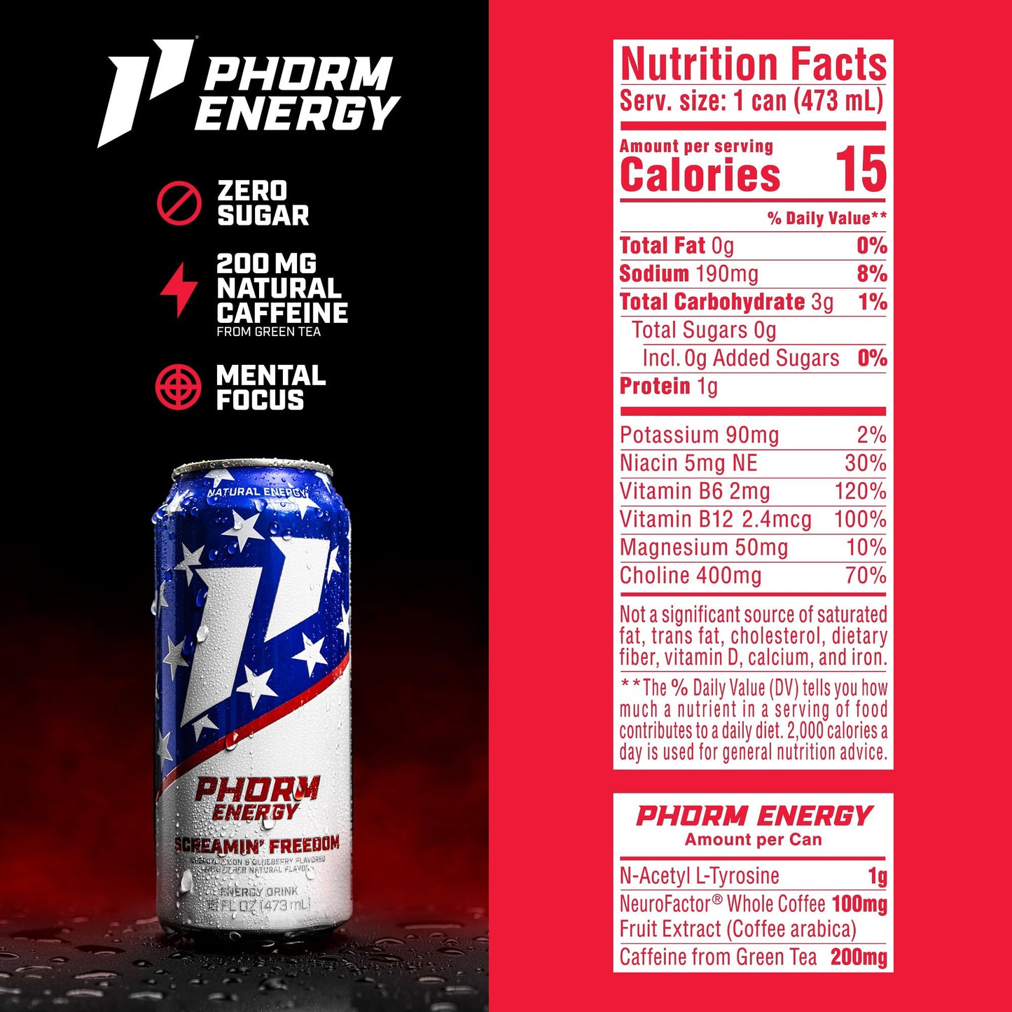 Phorm Energy Drink  Screamin Freedom Flavor  200 MG Natural Caffeine From Green Tea  Sugar Free Carbonated Drink With Electrolytes & Vitamin B12  Dairy & Gluten Free  Vegan  16 FL Oz Cans  12 Pk