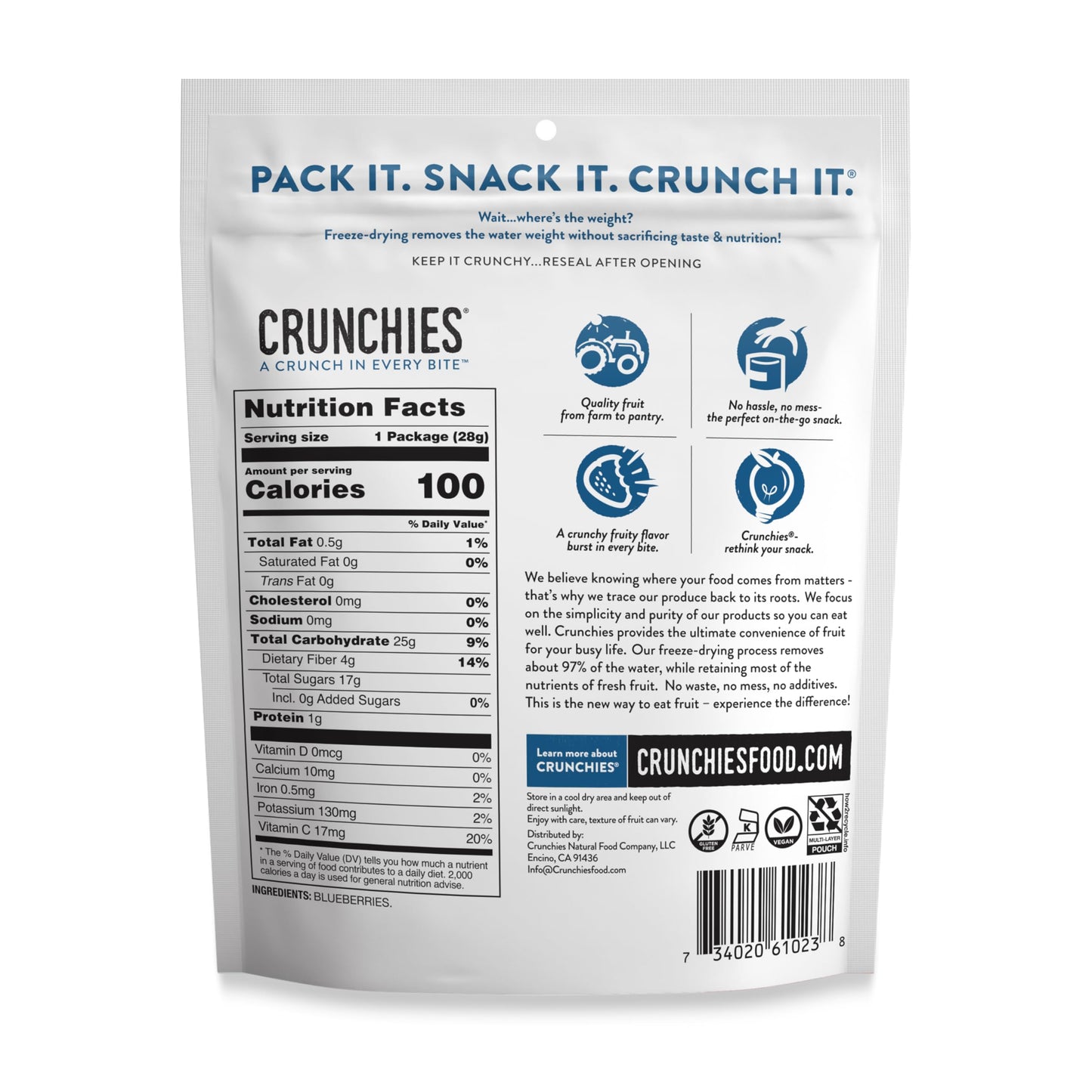 Crunchies Freeze-Dried Fruits, All Natural Crispy Fruit Snack, Pack of 6, Non-GMO, Kosher, Blueberries