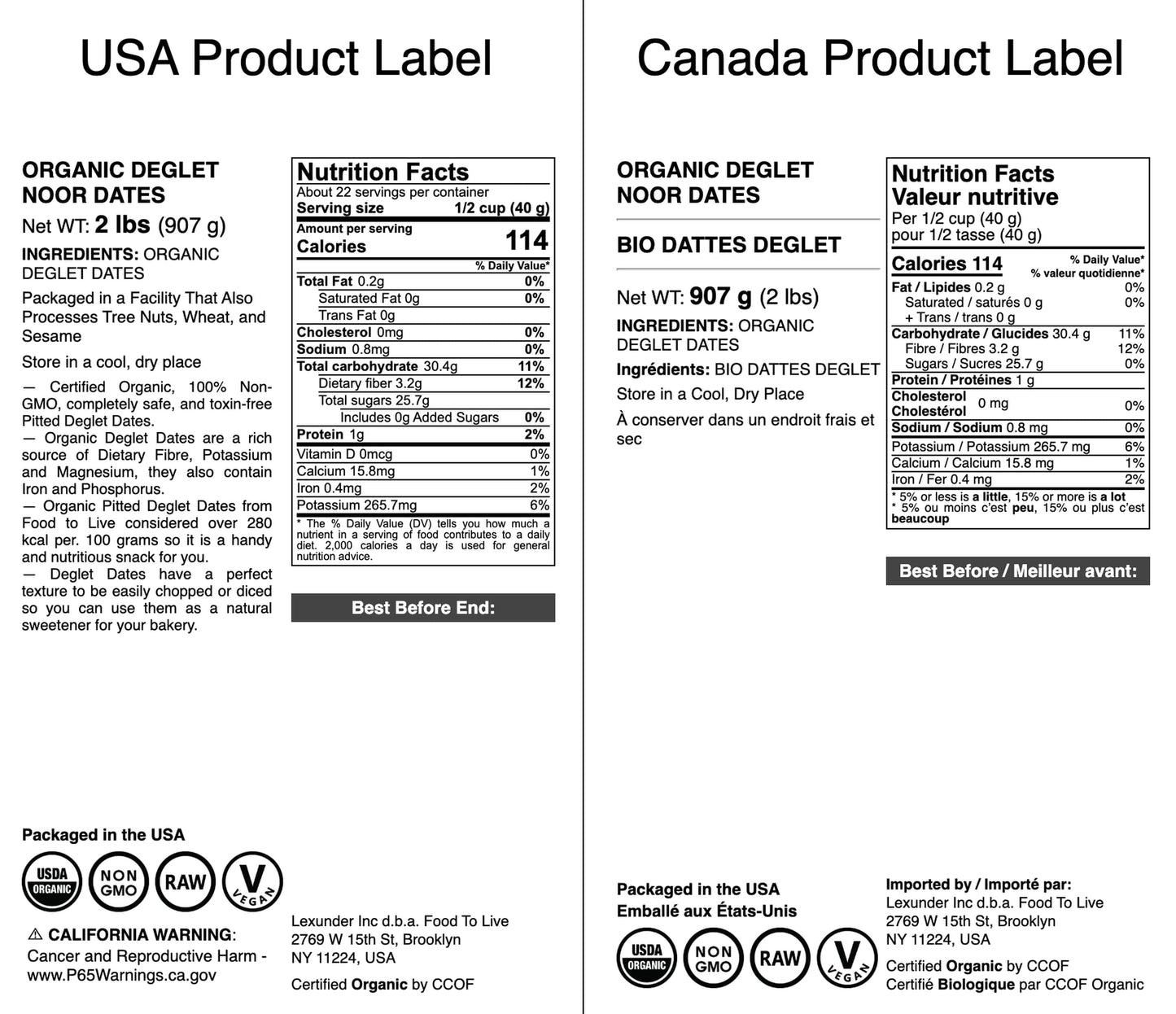 Food to Live Organic Deglet Noor Dates, 2 Pounds - Pitted, Non-GMO, Soft & Juicy, Unsulfured, Raw, Dried Fruit, No Sugar Added,