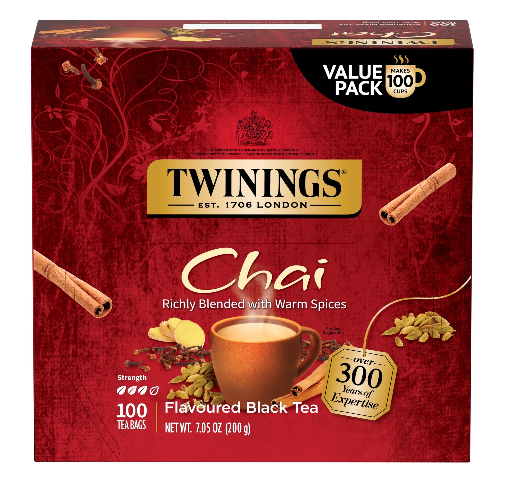 Twinings Chai Black Tea Individually Wrapped Bags, 100 Count (Pack Of 1), Richly Blended With Warm Spices, Caffeinated, Enjoy Ho
