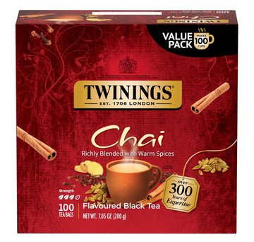 Twinings Chai Black Tea Individually Wrapped Bags, 100 Count (Pack Of 1), Richly Blended With Warm Spices, Caffeinated, Enjoy Ho