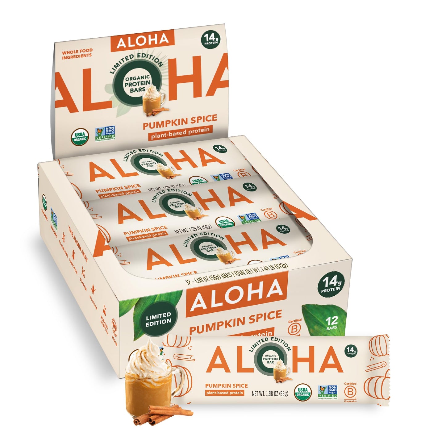 ALOHA Organic Plant Based Protein Bars, Pumpkin Spice, Vegan, Gluten-Free, Low Sugar, 12 Count