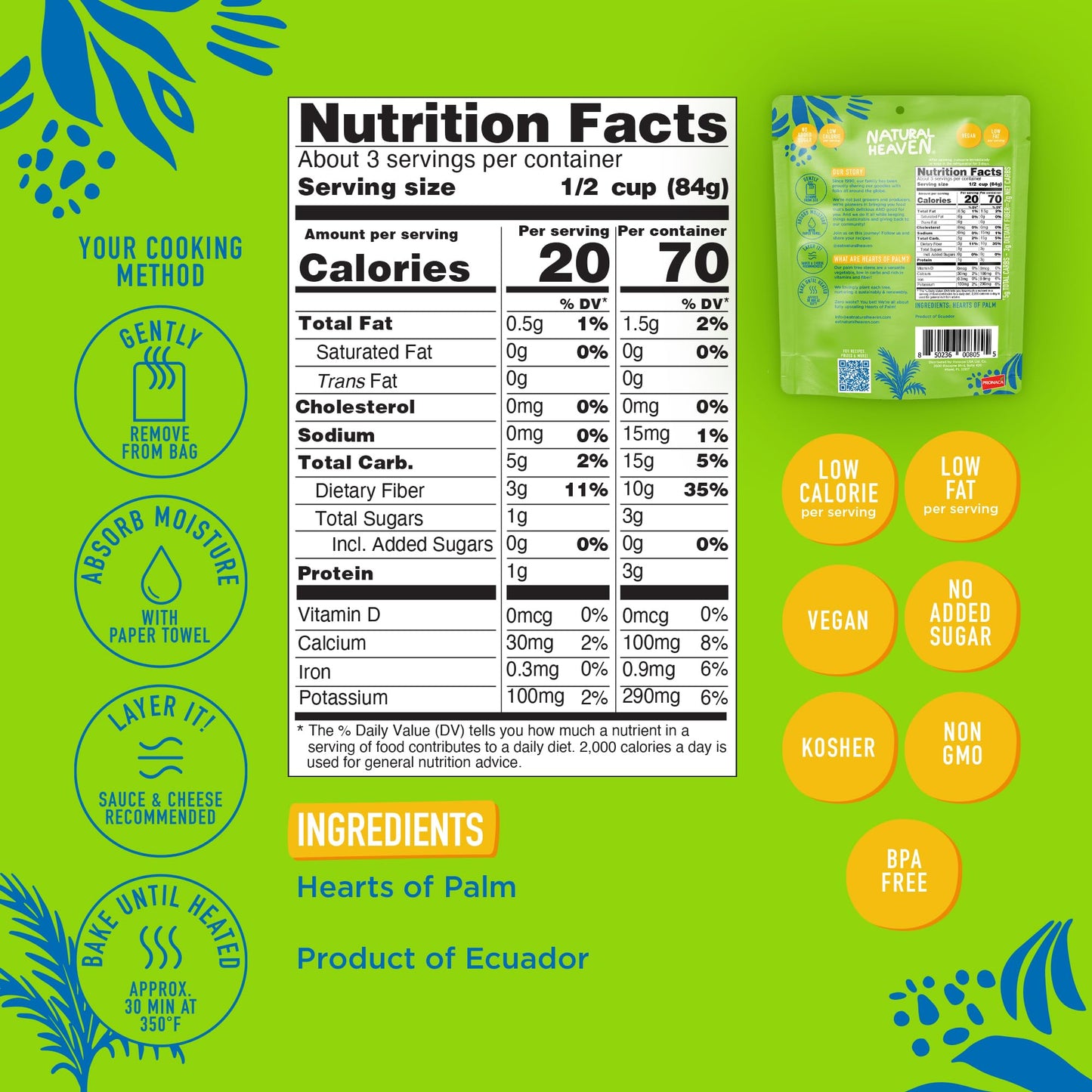 Natural Heaven Lasagna Noodles, Hearts of Palm - Naturally Rich in Potassium, Low-Calorie Veggie Pasta, Keto & Gluten-Free Food,