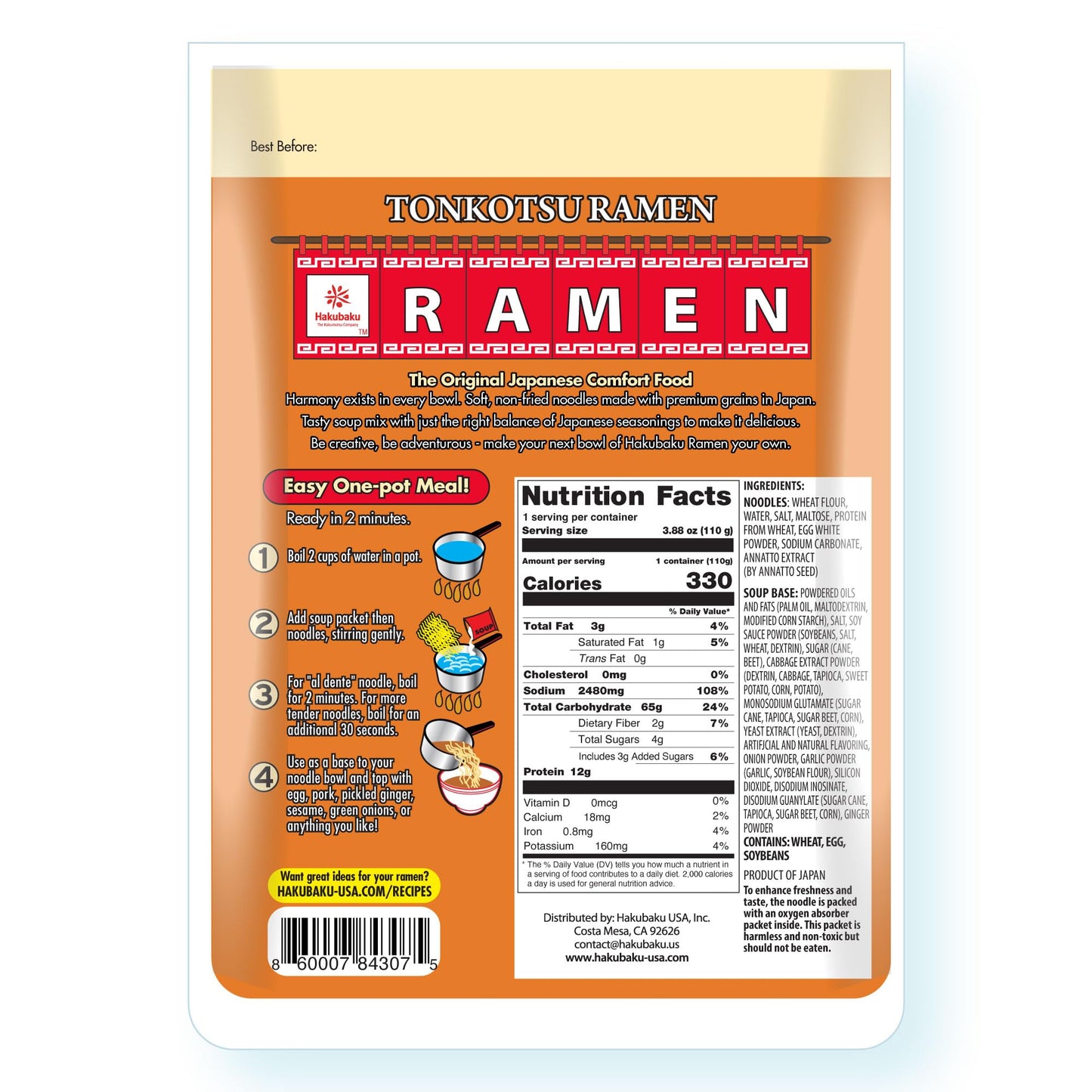 Hakubaku Authentic Japanese Ramen Noodles (Tonkotsu, 6 Pack)