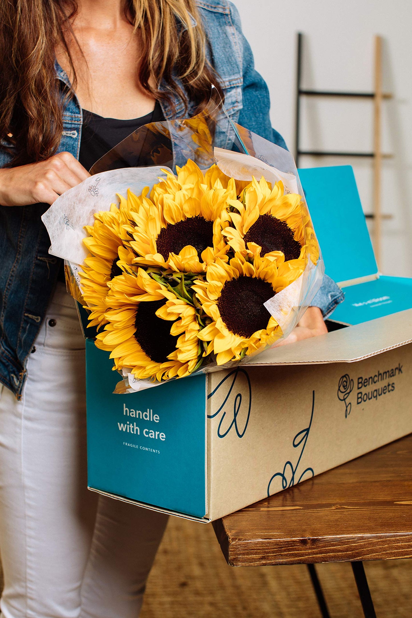 Benchmark Bouquets - 10 Stem Sunflowers (Glass Vase Included) - Fresh Flowers For Delivery - Gift For Graduation, Birthday, Anni
