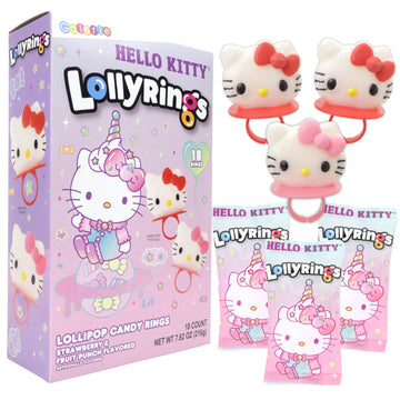 Galerie Hello Kitty Lollipop Rings, Strawberry and Fruit Punch Flavored, Individually Wrapped Candy Basket Fillers Box of 18
