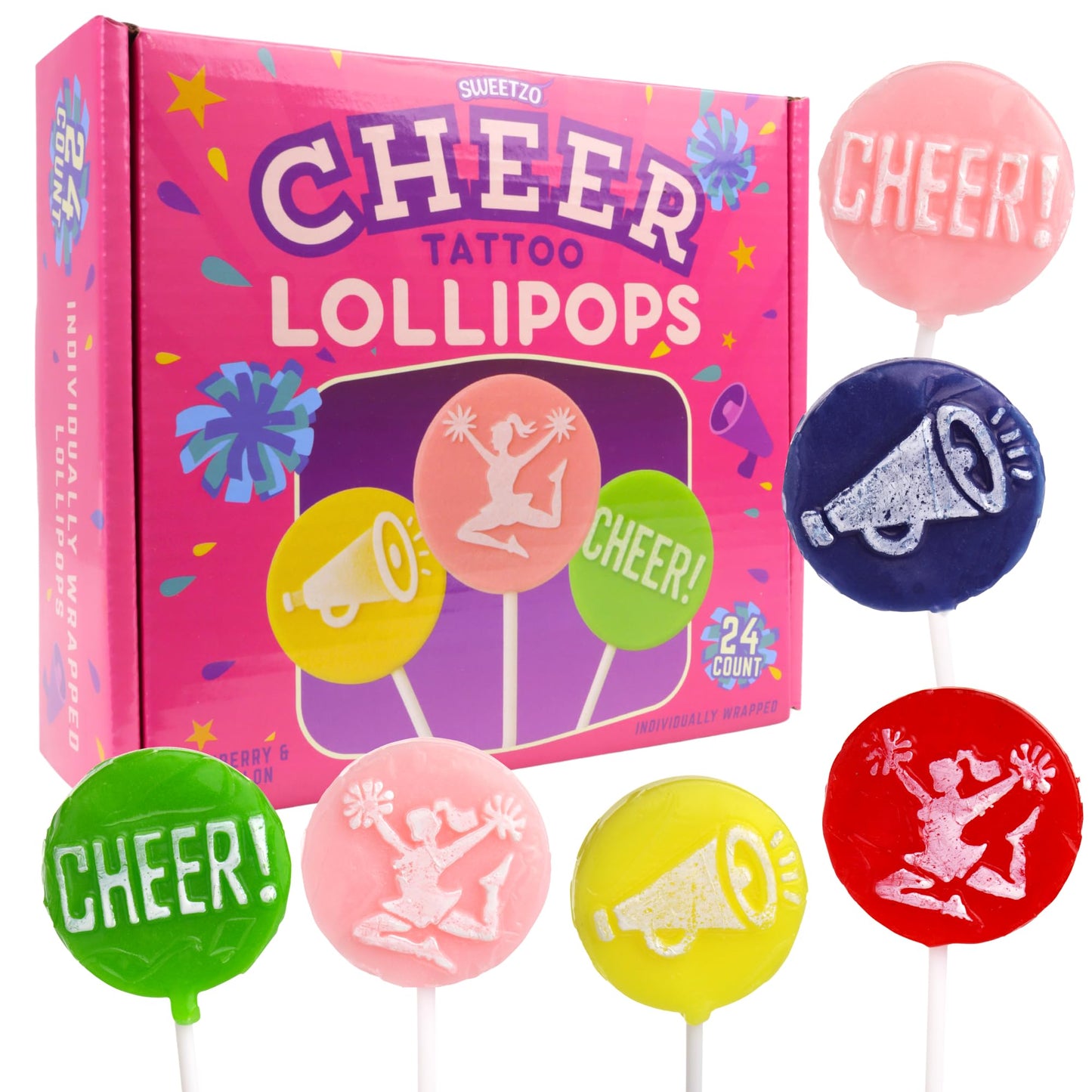 Cheer Tattoo Lollipops, Team Party Favor Candy Gifts, Individually Wrapped Suckers, Pack Of 24