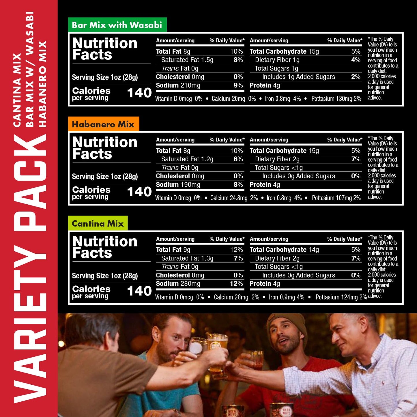 Malt-Inspired Nuts Variety Pack, Habanero Bar Mix, 12Oz Cantina Mix With Twang, 12Oz Bar Mix W/Wasabi, Nack Bulk Bundle Resealable Jars (12Oz Each, Pack Of 3)