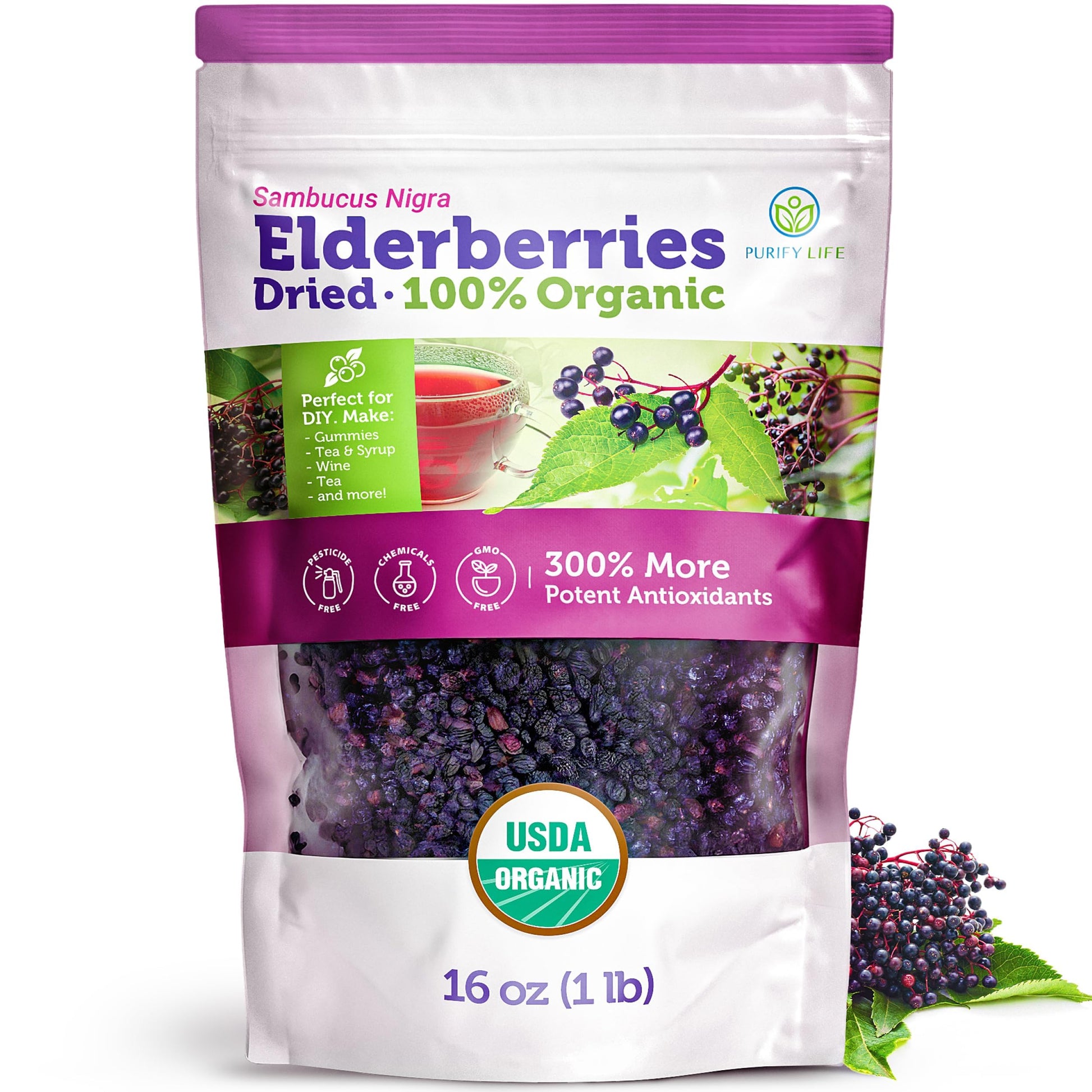 Certified USDA - 100% Organic Dried Elderberries - 1lb Bulk - Non-Irradiated  Non-Gmo  Whole Black Elderberry Immune Support For Making Elder Syrup  Gummies  Tea - Raw Vegan Sambucus 1 Pound