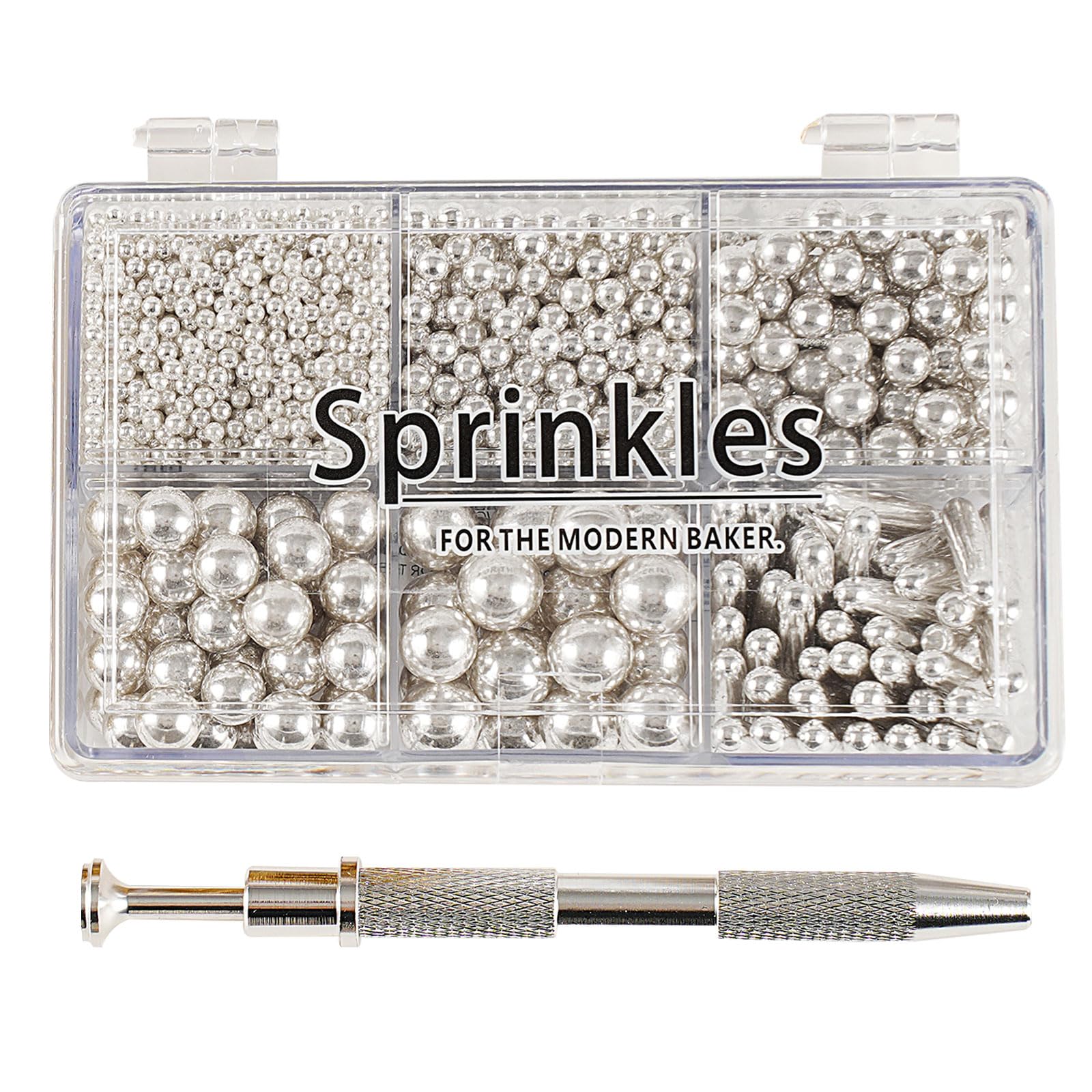 Kasvan silver Mix Sugar Sprinkles - Edible Candy Pearls with 4-Claw Sprinkle Pen,118g/4.16 Oz, Gift Box Pack, Baking Cake Decora