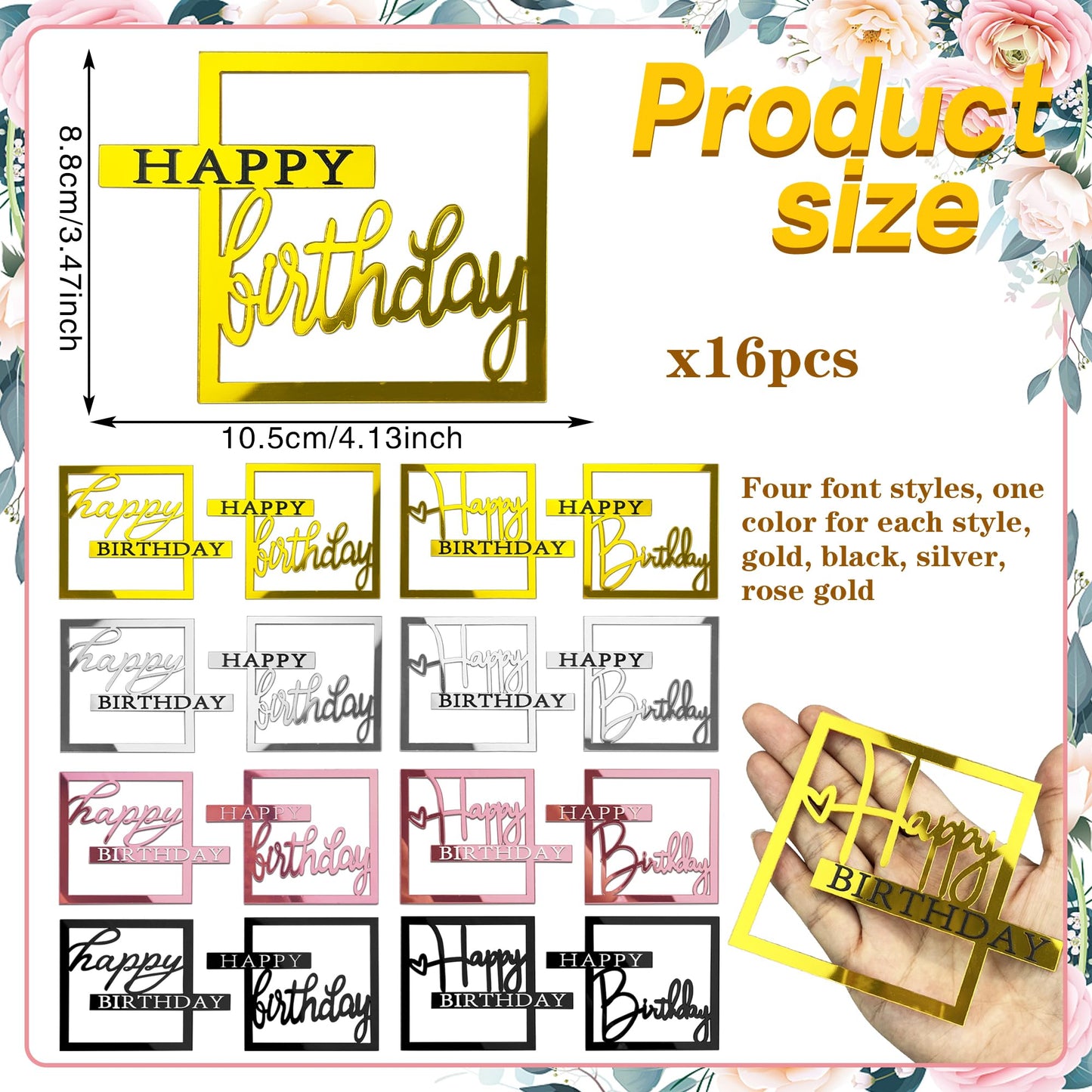 16 Pcs Happy Birthday Cake Toppers Mirror Acrylic Cake Topper Side Cake Decorations Cake Inserts Cake Decorating Supplies Cupcak