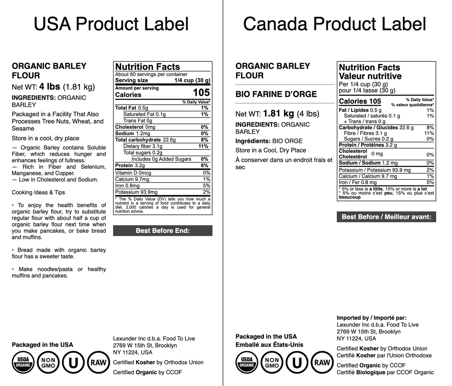 Food to Live Organic Barley Flour, 4 Pounds - Non-GMO, Stone Ground from Whole Hulled Barley, Fine, Kosher, Vegan, Bulk, Rich in