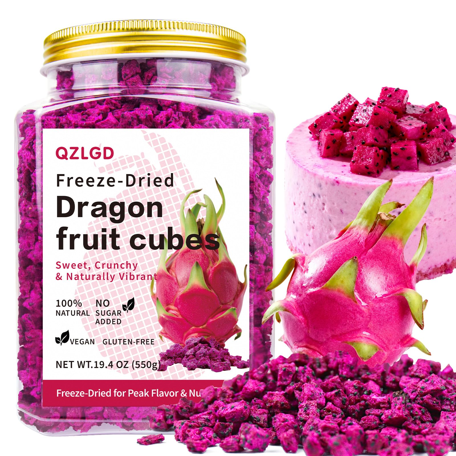 QZLGD Freeze-Dried Dragon Fruit, 19.40Z/550g, Freeze-Dried Fruit, Dragon Frui-t Snacks, No Sugar Added, for Drink, Baking, Break