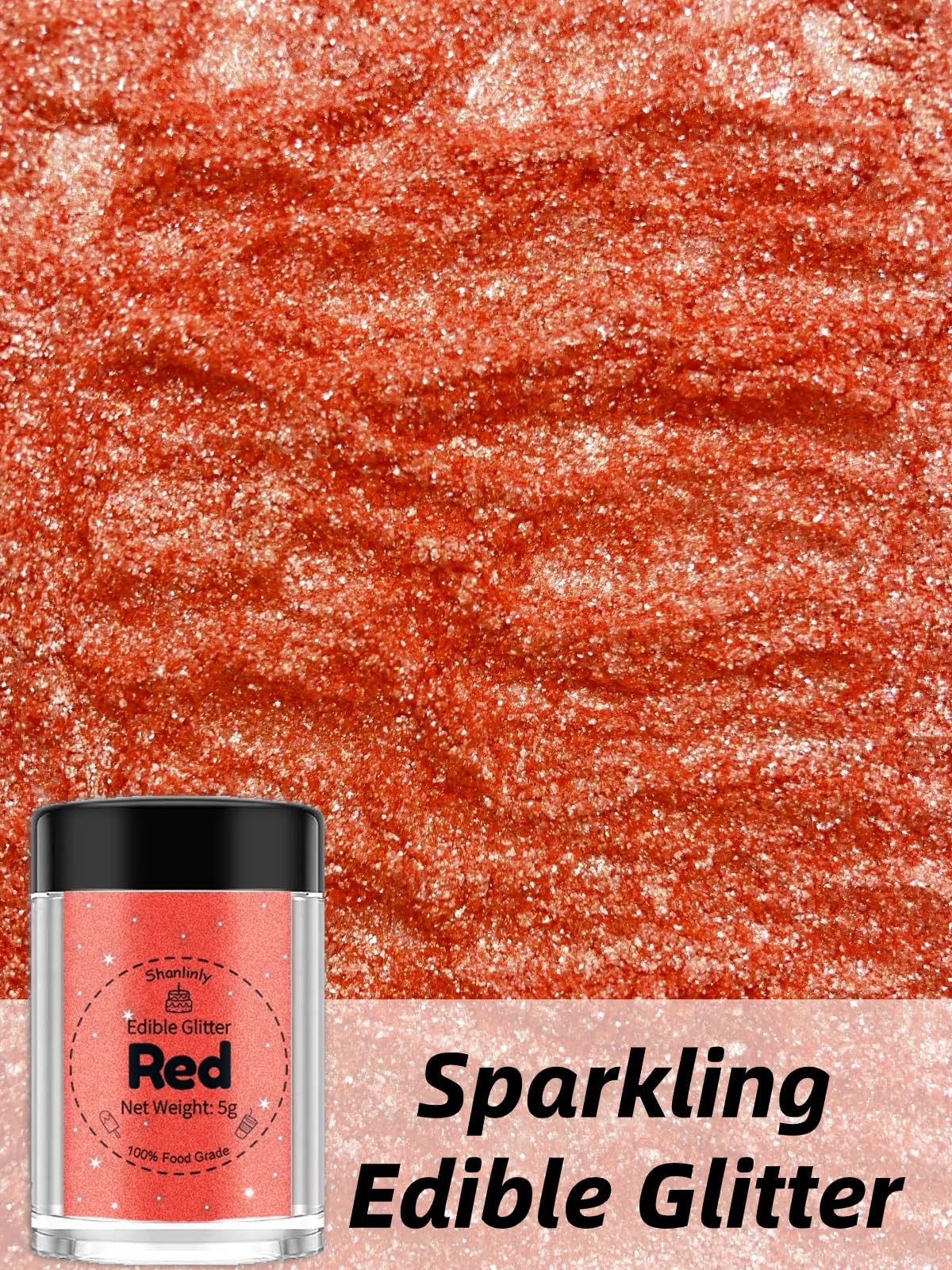 Shanlinly Red Edible Glitter - Food Grade Shimmer Dust for Cakes, Cookies, Cocktails, 5g