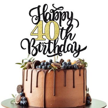 Leetaivie Happy 40Th Birthday Cake Topper, Black Gold Glitter Birthday Cake Topper, 40Th Anniversary/ 40Th Birthday Party Decora