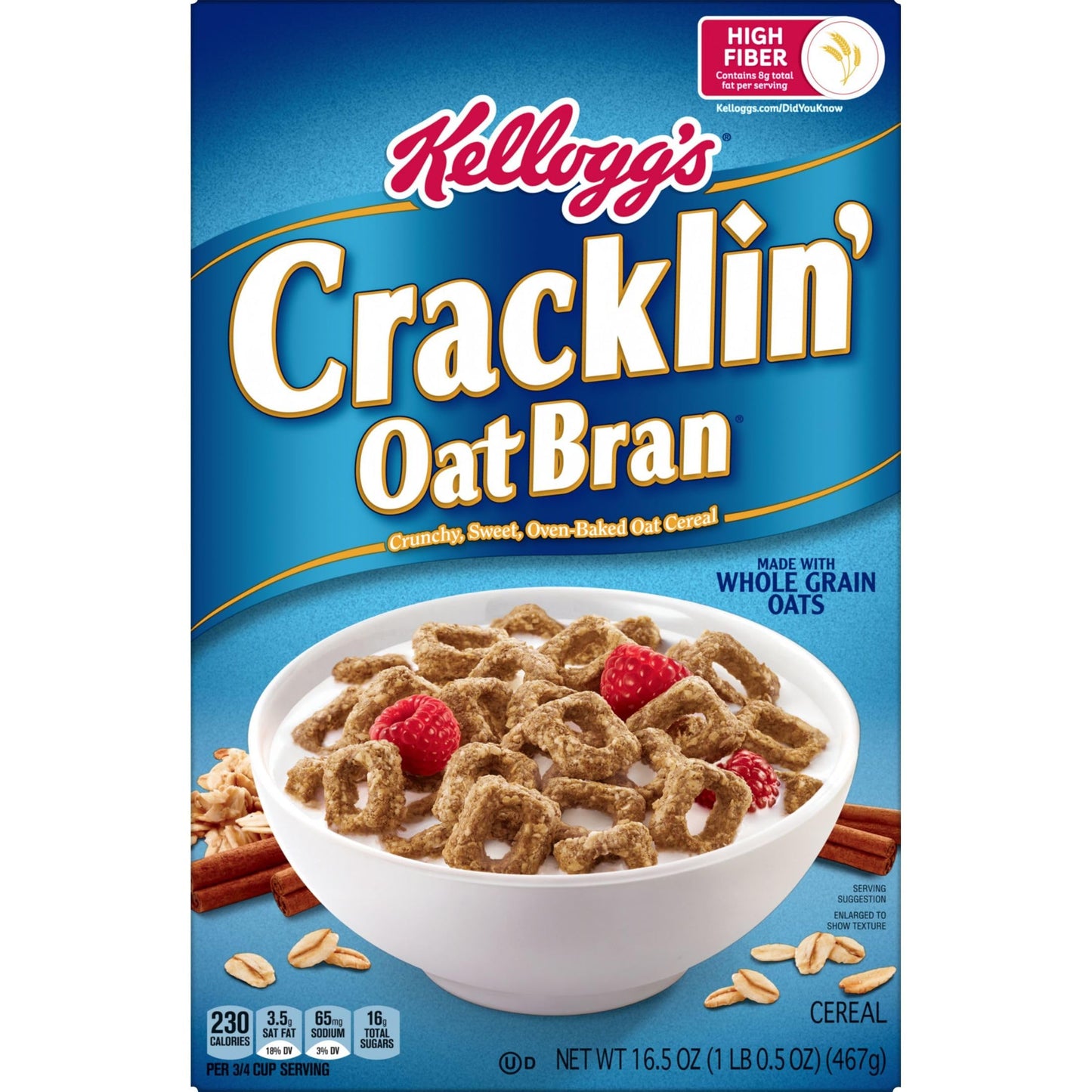 Kellogg s Cracklin  Oat Bran Breakfast Cereal, Fiber Cereal, Family Cereal, Original (3 Boxes)