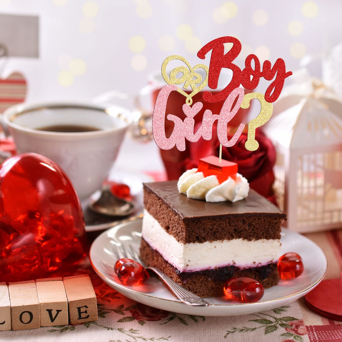1Pc Valentines Day Cake Topper Glitter Valentine Gender Reveal Cake Topper Boy or Girl Cake Decorations Valentine's Day Theme We
