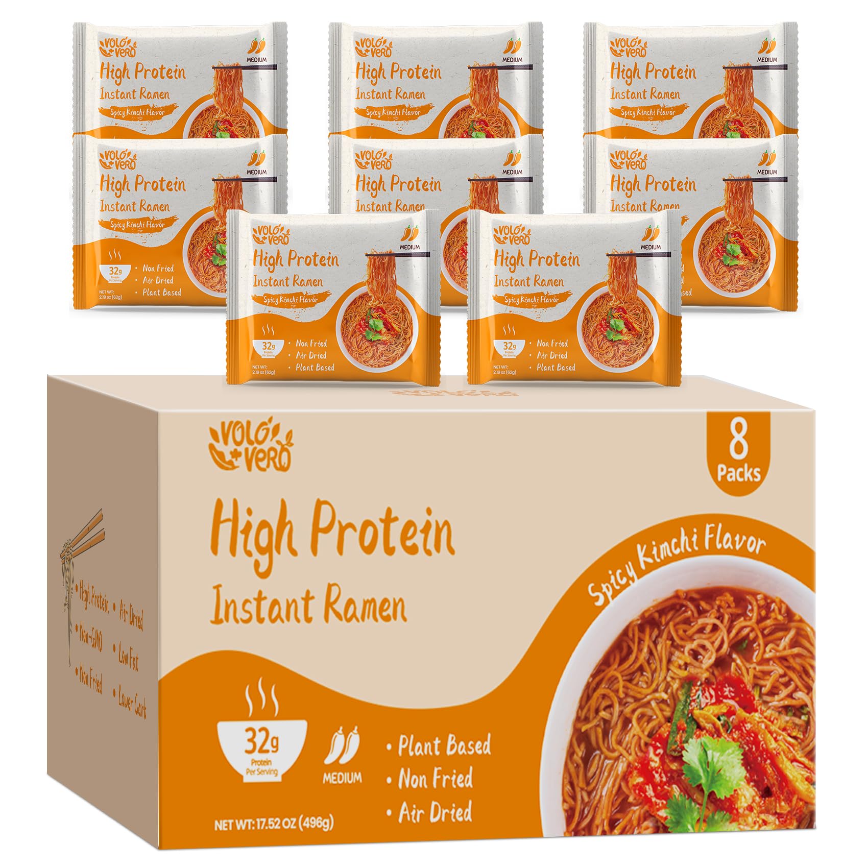 Volo Vero High Protein (32G) Instant Ramen Noodles Soup  Spicy Kimchi Flavor  8 Packs  Vegan  Plant-Based  Non-Fried  Low Fat  Egg-Free  Dairy-Free  Healthy Asian Meal