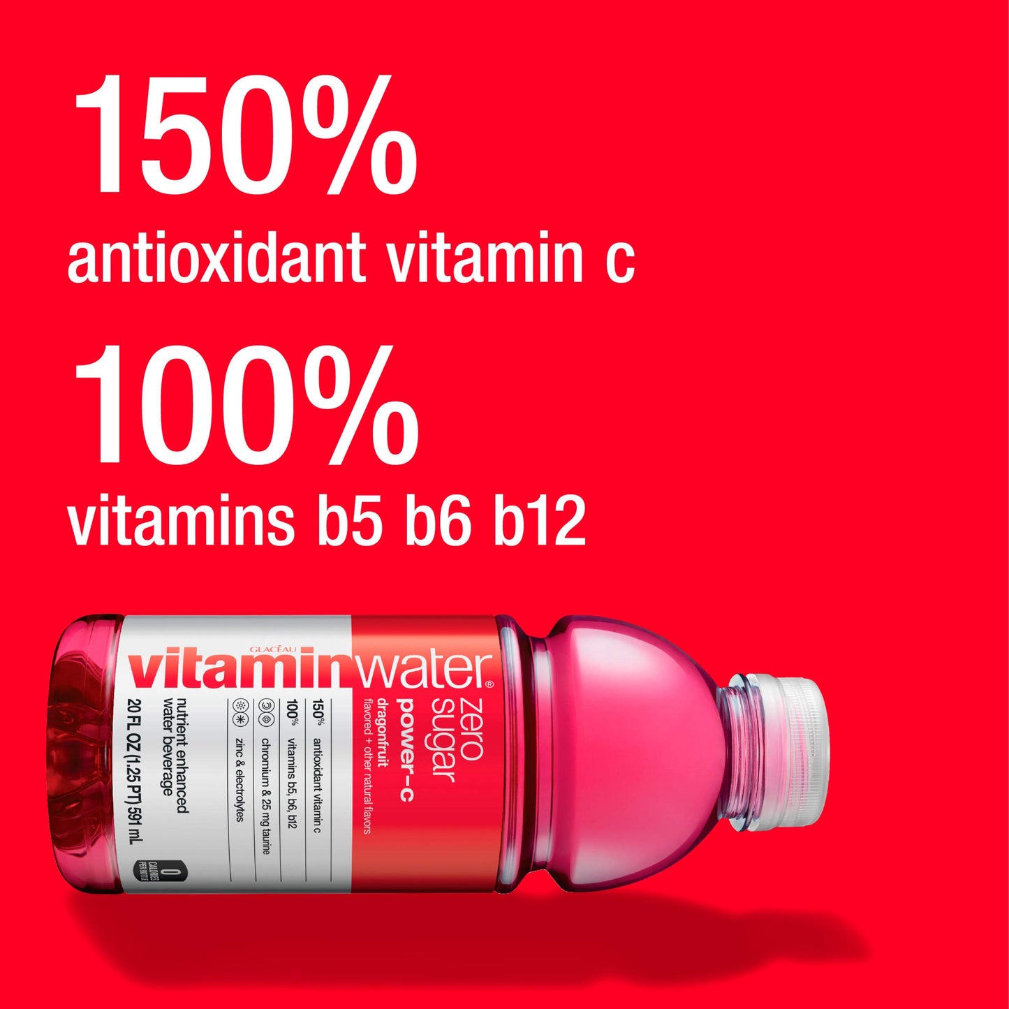 GLACEAU vitaminwater Zero Sugar Power-C, Electrolyte Enhanced, Dragonfruit, 20 Fl Oz (Pack of 12)