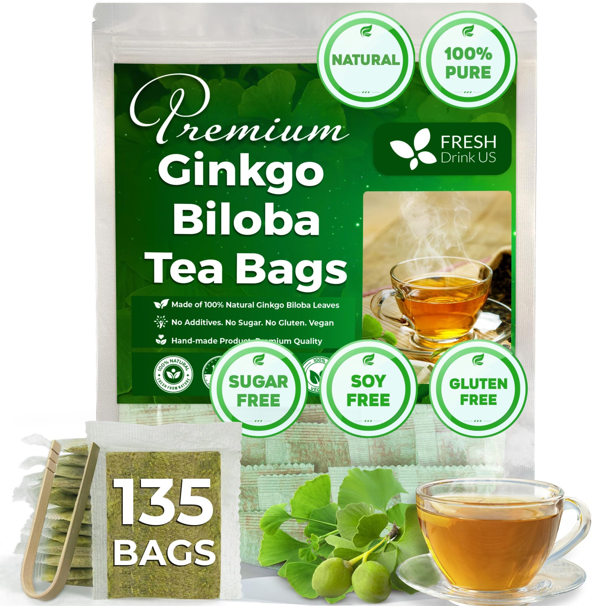 FRESHDRINKUS Ginkgo Biloba Leaf Tea Bags, 100% Natural, Vegan, 135 Tea Bags