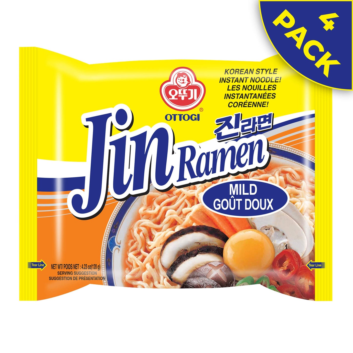 Ottogi Jin Ramen Mild Flavor, Authentic Korean Instant Noodle, Genuine Korean Ramen Soup Mix, Savory & Rich Gourmet Ramen 4.23Oz X 4 Pack