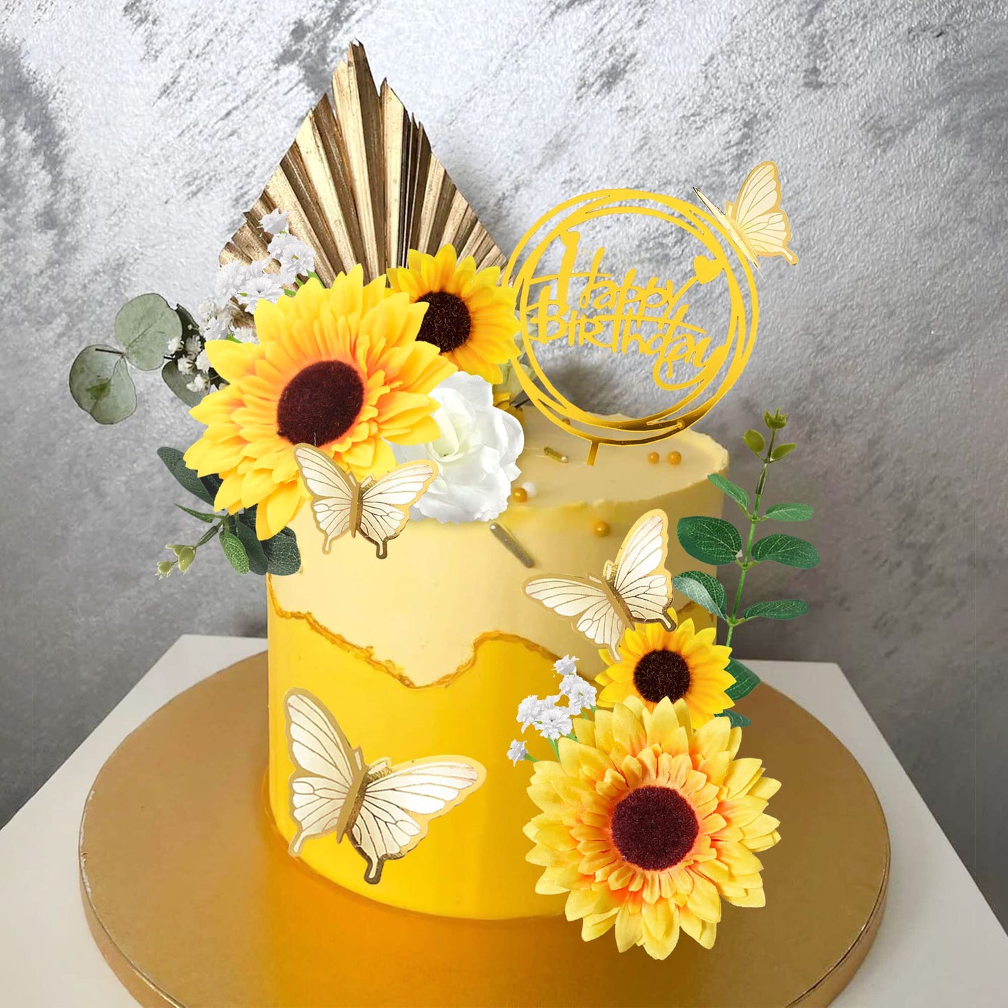 Drwate Sunflower Cake Topper, 28 Pcs Multicolor Acrylic, Silk - Baby Shower, Wedding Decorations, Butterfly, Eucalyptus, Rose, H