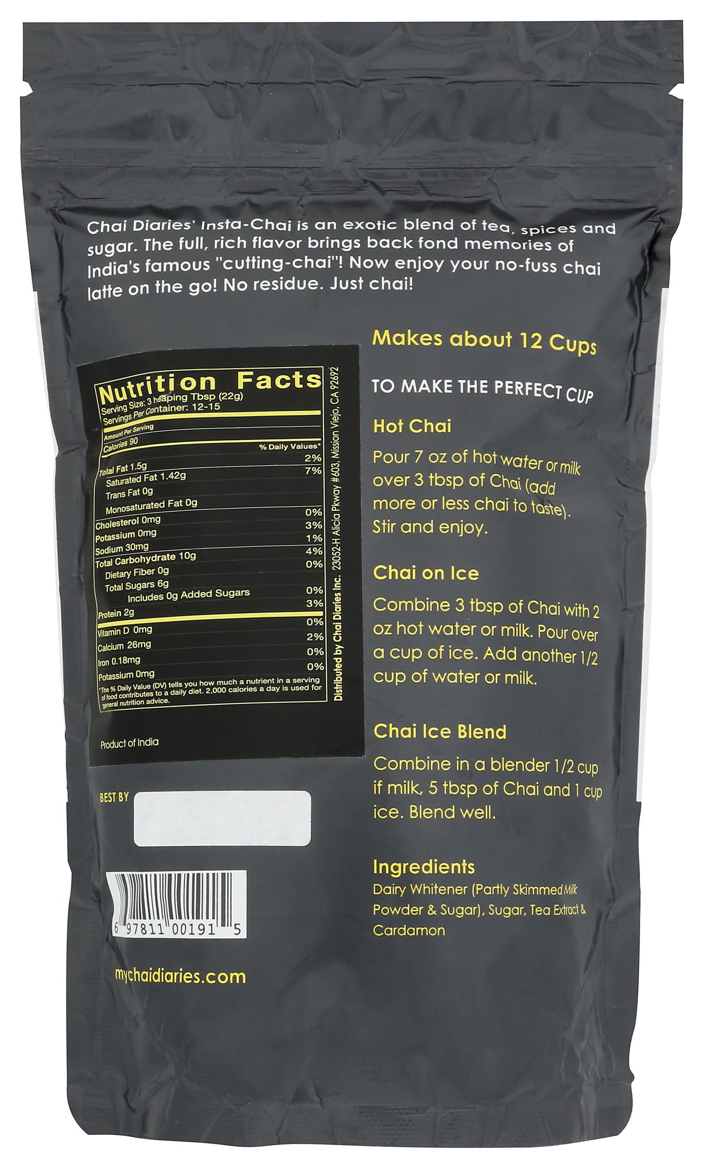 CHAI DIARIES Instant Tea - Cardamom Chai Latte Premix - 14 Ounces - Authentic Flavor