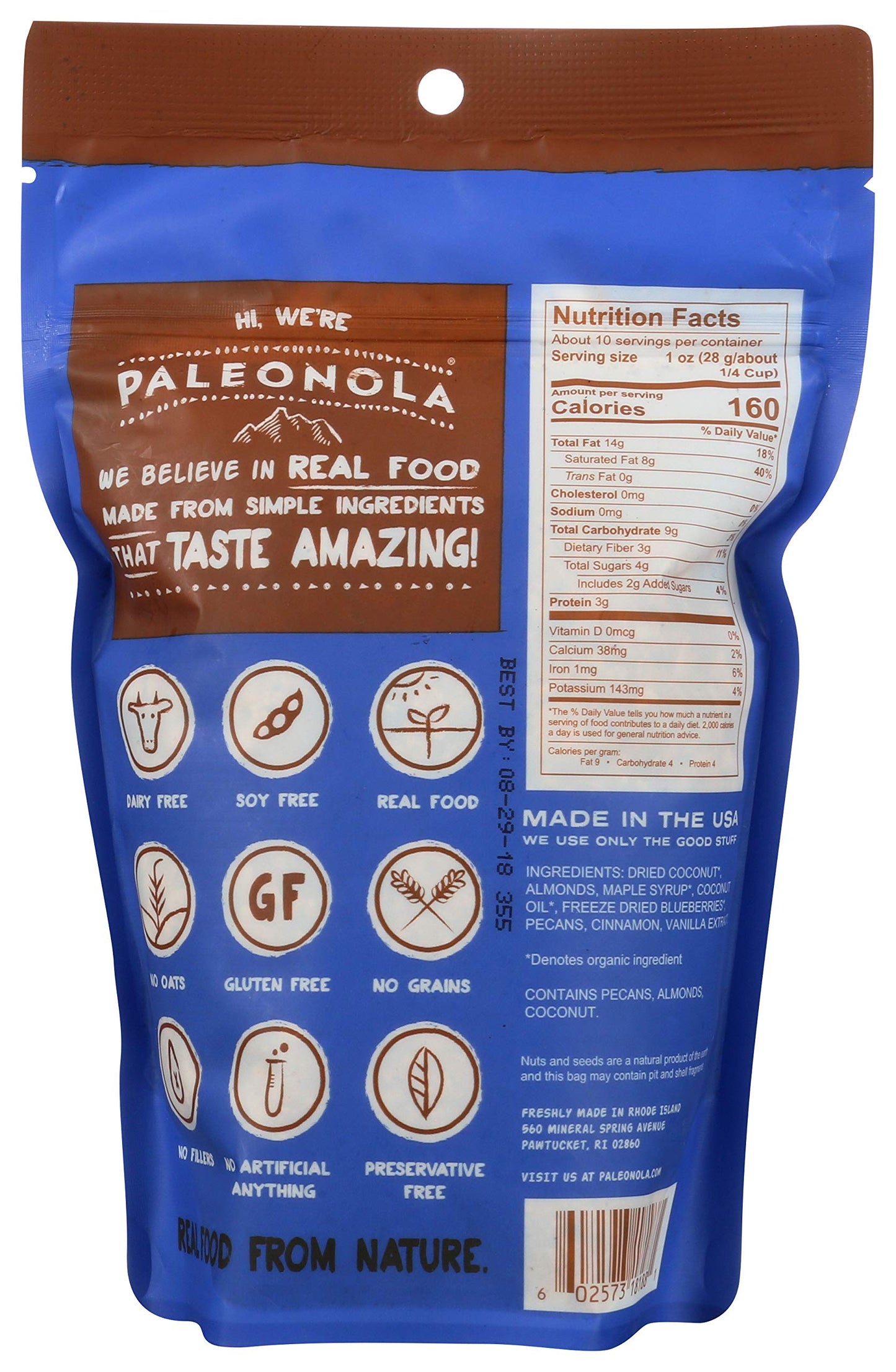 Paleonola - Grain Free Granola Cinnamon Blueberry Flavor - Non-Gmo, Grain, Soy, Gluten, Dairy Free - Low Carb Protein Snack For