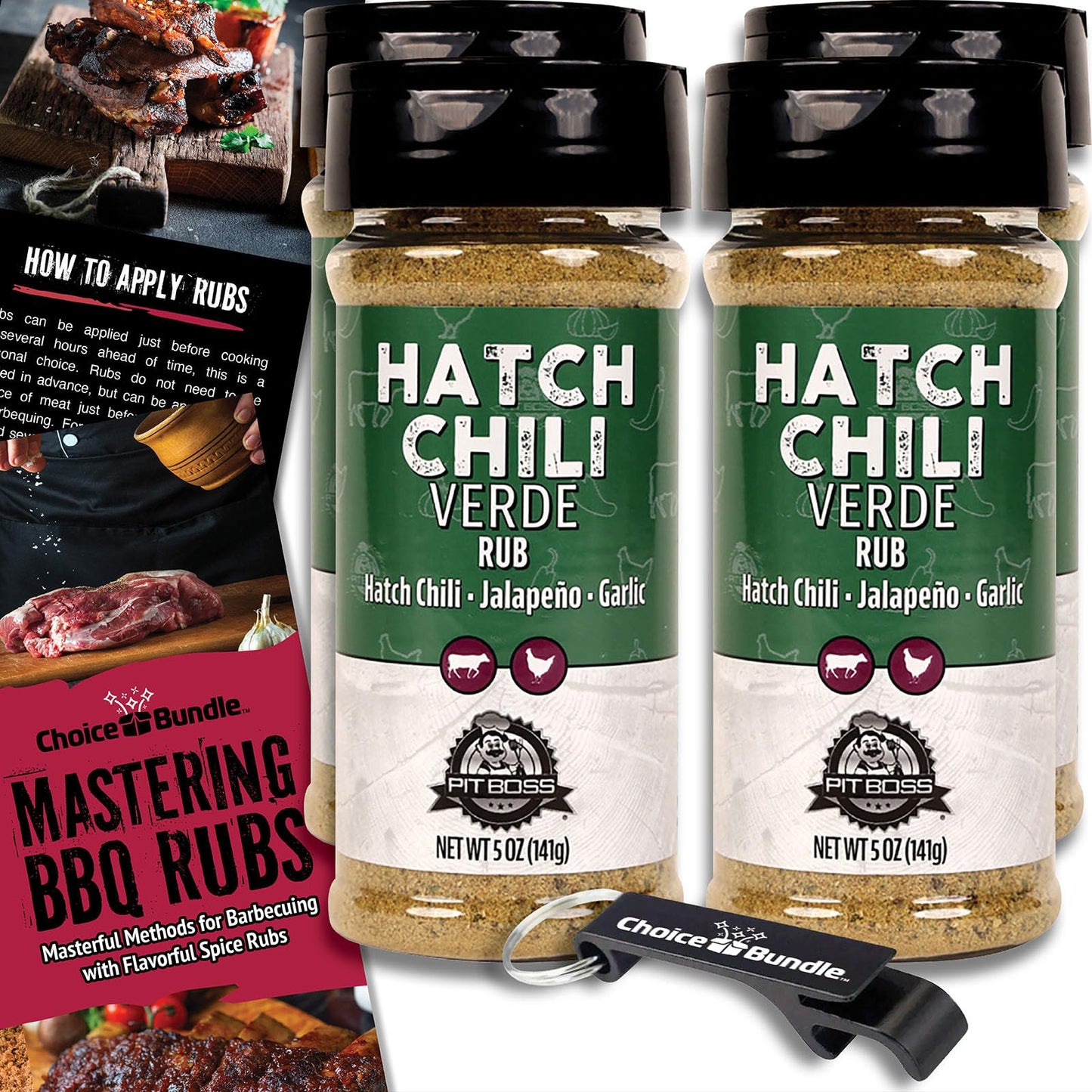 Pit Boss Hatch Chili Verde Barbecue Seasoning 20 oz Bundle with Guide & Keychain Opener, 4 Pack