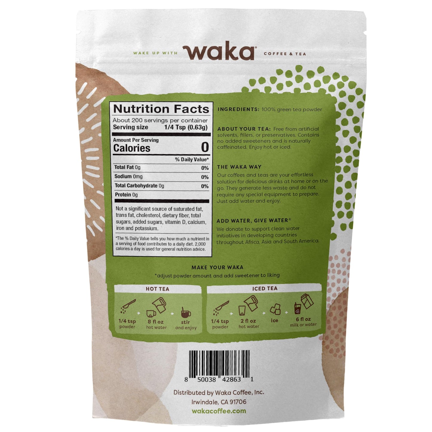 Waka Instant Green Tea Mix, Classic - 100% Tea Leaves, Unsweetened, 4.5oz - Makes 50 Quarts or 200 Cups of Hot/Iced Tea