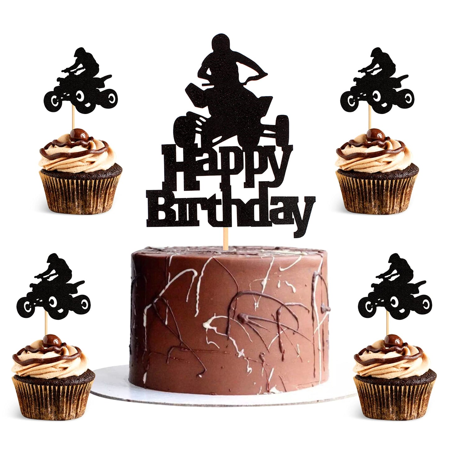 Unimall Unimall Pack Of 25Pcs Happy Birthday Motorcycle Cake Topper Atv Cupcake Topper, Black Flash Motorcycle Sport Theme Birth