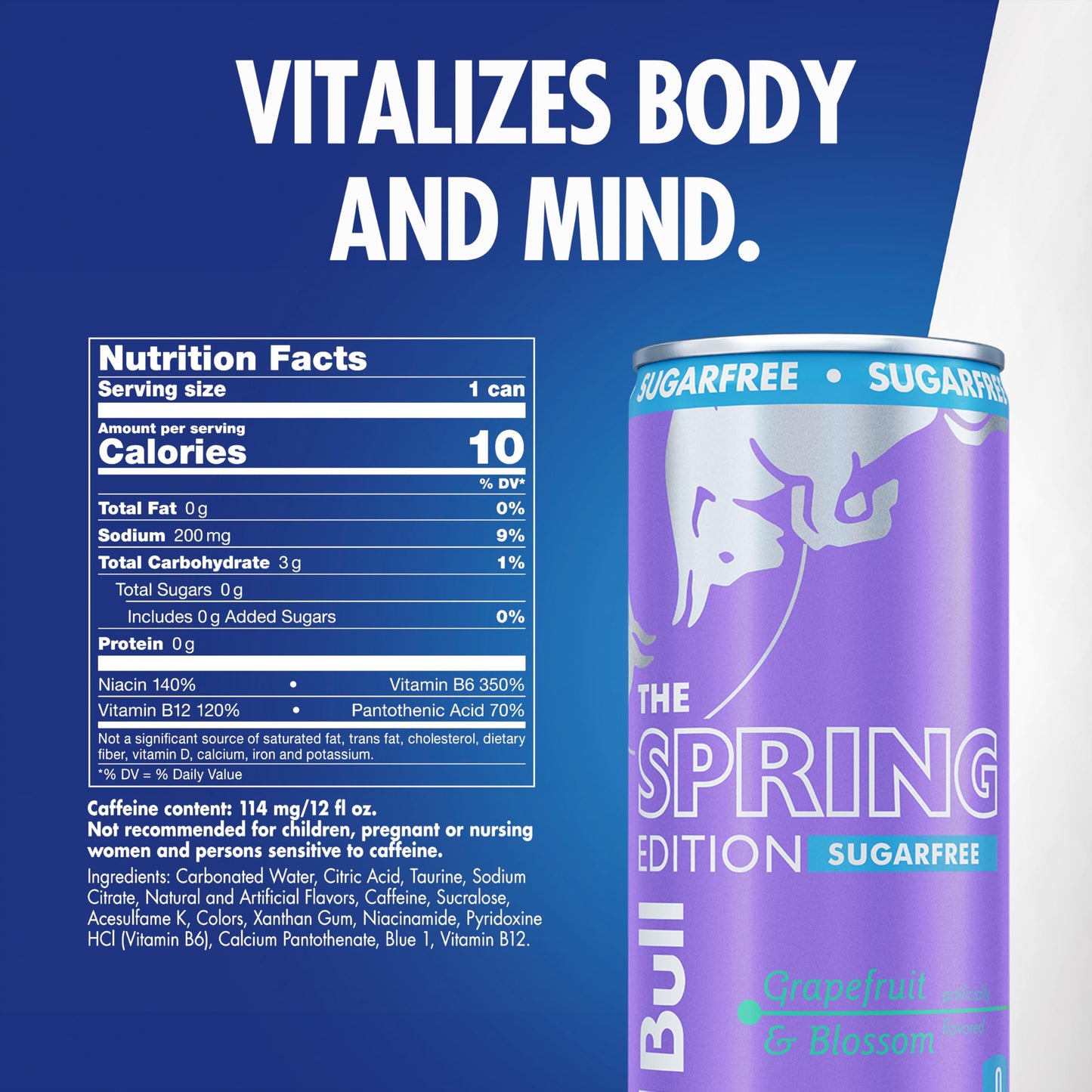 Red Bull Spring Edition Sugarfree Energy Drink  Gfruit  12 fl. oz.  6 x 4 Cans  Pack of 24 Cans  with 114mg Caffeine  Taurine & B Vitamins
