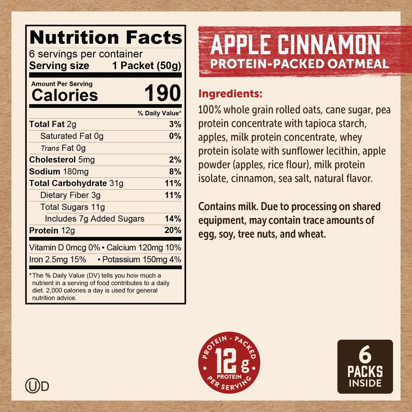 Kodiak Cakes Instant Oatmeal Packets, Apple Cinnamon, High Protein, 100% Whole Grains, 6 Boxes With 6 Packets Each (36 Packets)