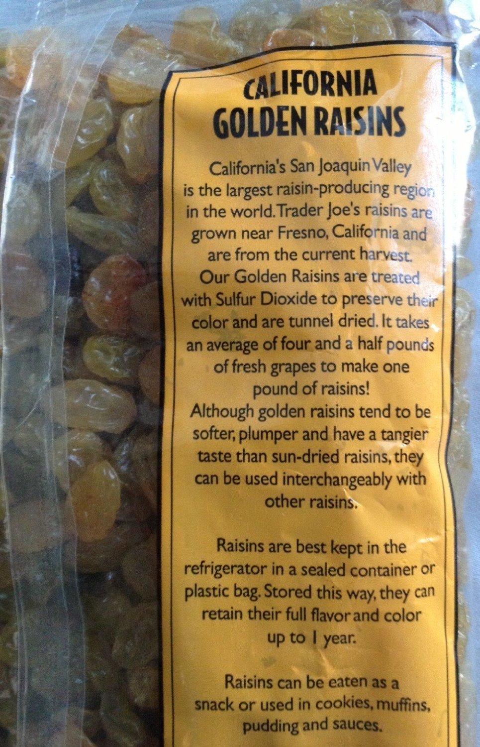Trader Joe's California Golden Raisins, Plump & Tangy /16 Oz., 454g.