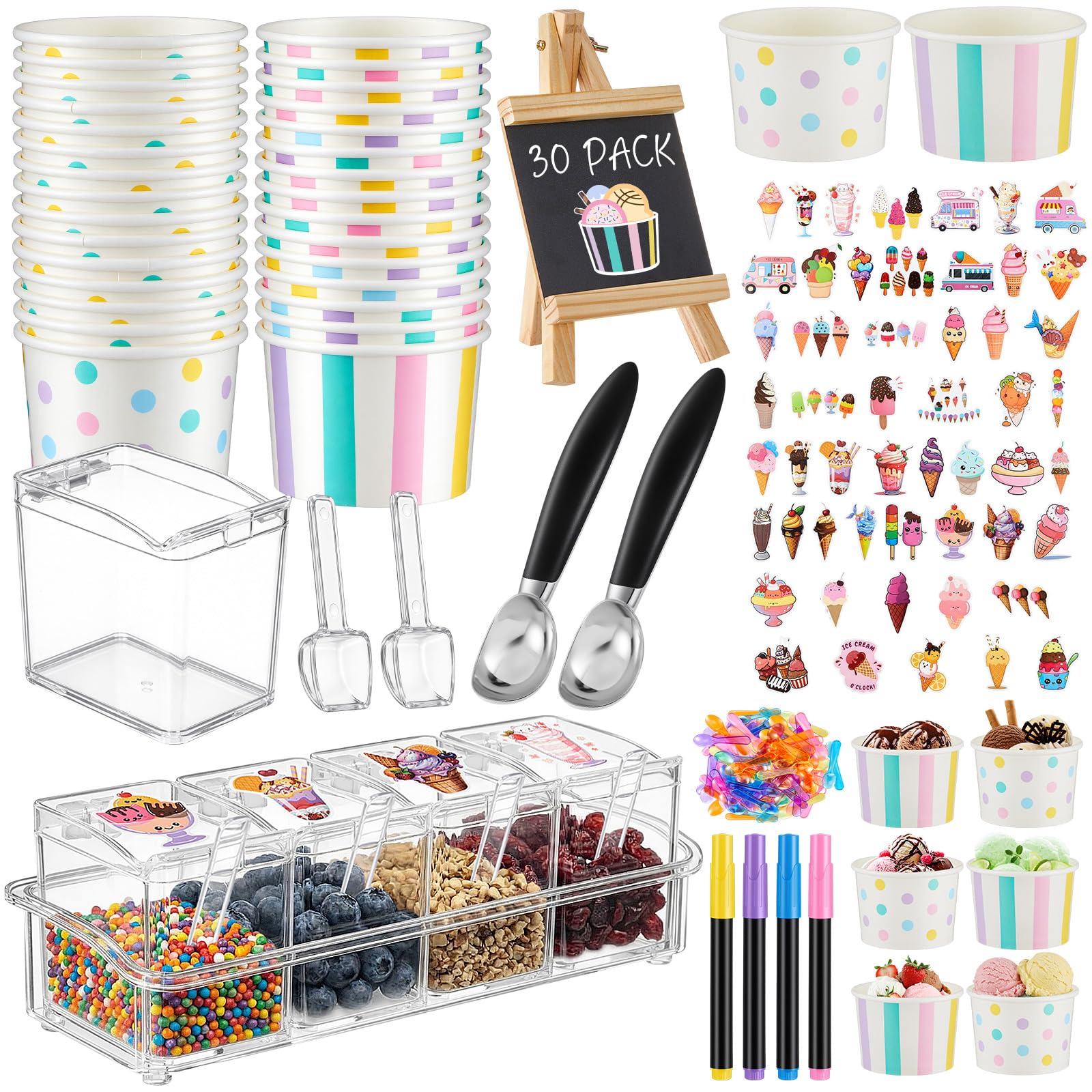 Ferrochef 120 Pcs Ice Cream Bar Party Decorations Kit for 30 Guests, Ice Cream Party Supplies with 30 Cups & Spoons, 52 Stickers