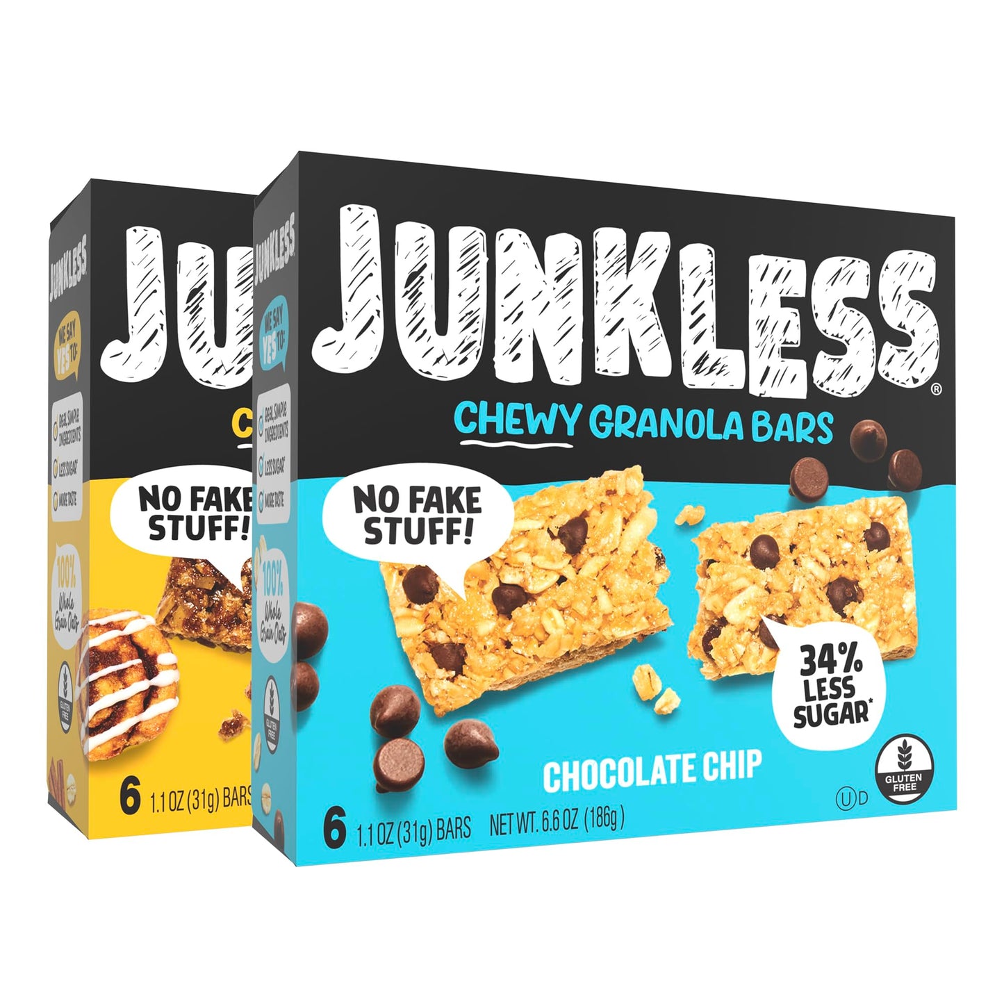 Junkless Chewy Granola Bars Twin Pack – Chocolate Chip & Cinnamon Roll – Gluten-Free, Less Sugar – 12 Bars in 2 Boxes
