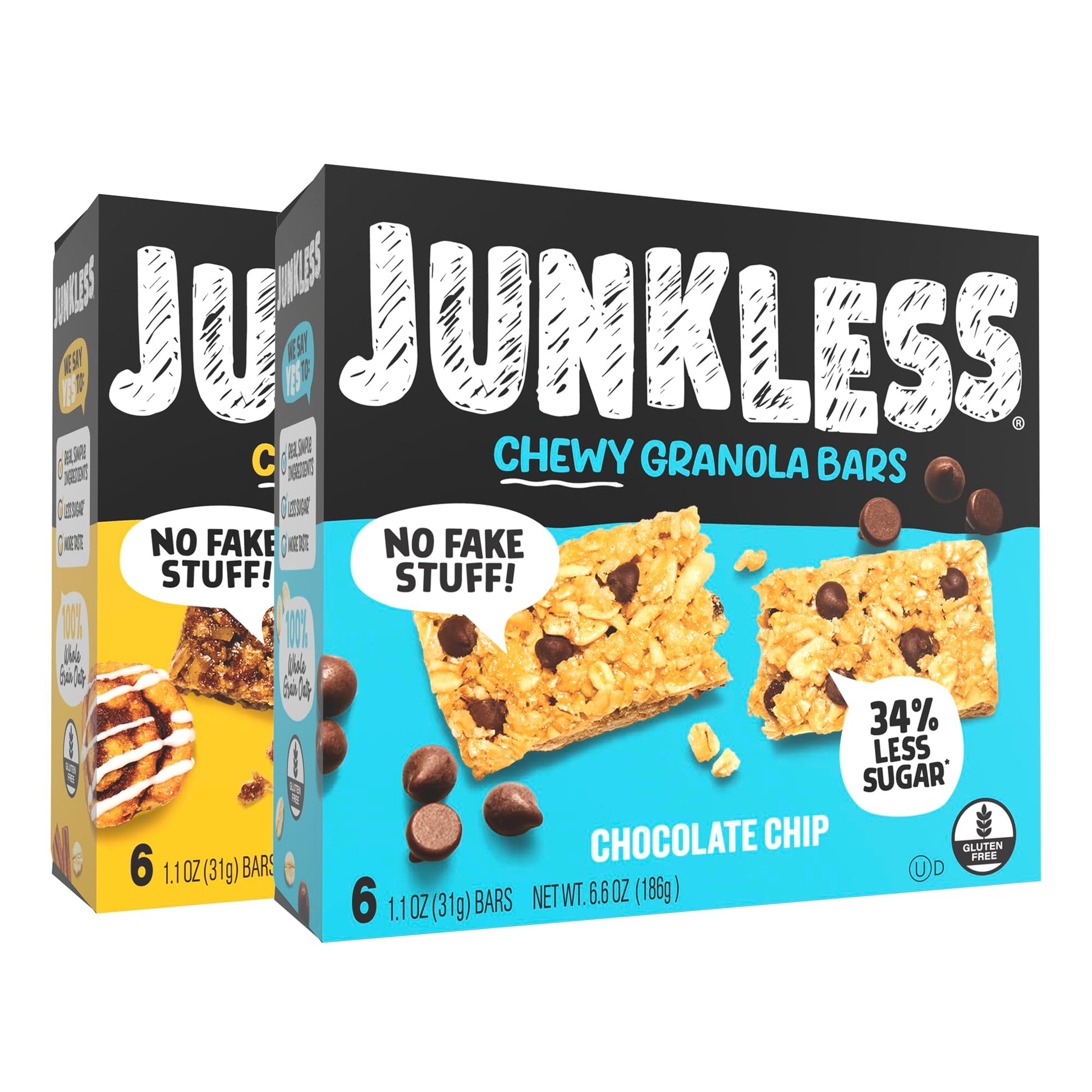Junkless Chewy Granola Bars Twin Pack – Chocolate Chip & Cinnamon Roll – Gluten-Free, Less Sugar – 12 Bars in 2 Boxes