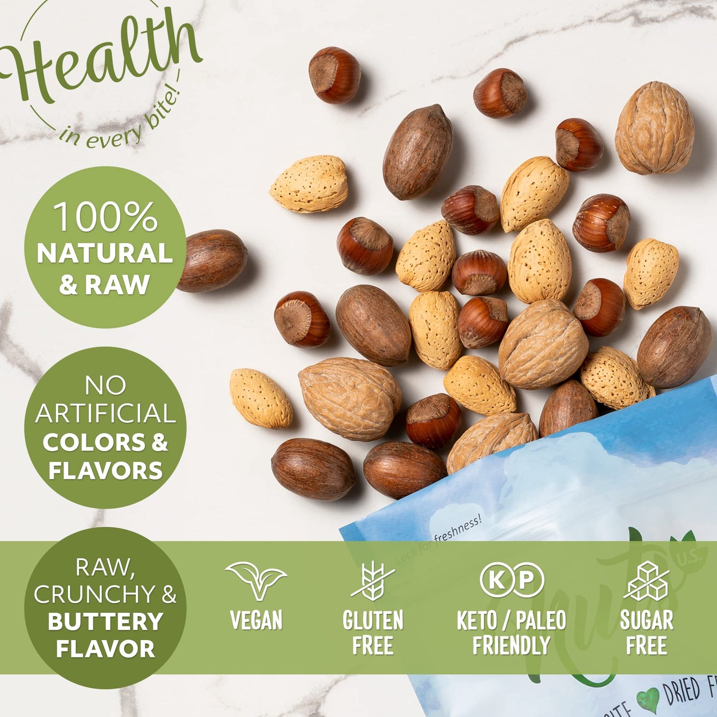 Nuts U.S. – Mixed Nuts In Shell (Almonds, Walnuts, Hazelnuts, Pecans) | No Added Colors And No Artificial Flavors | Fresh Buttery Taste And Raw |Packed In Resealable Bags!!! (2 Lbs)