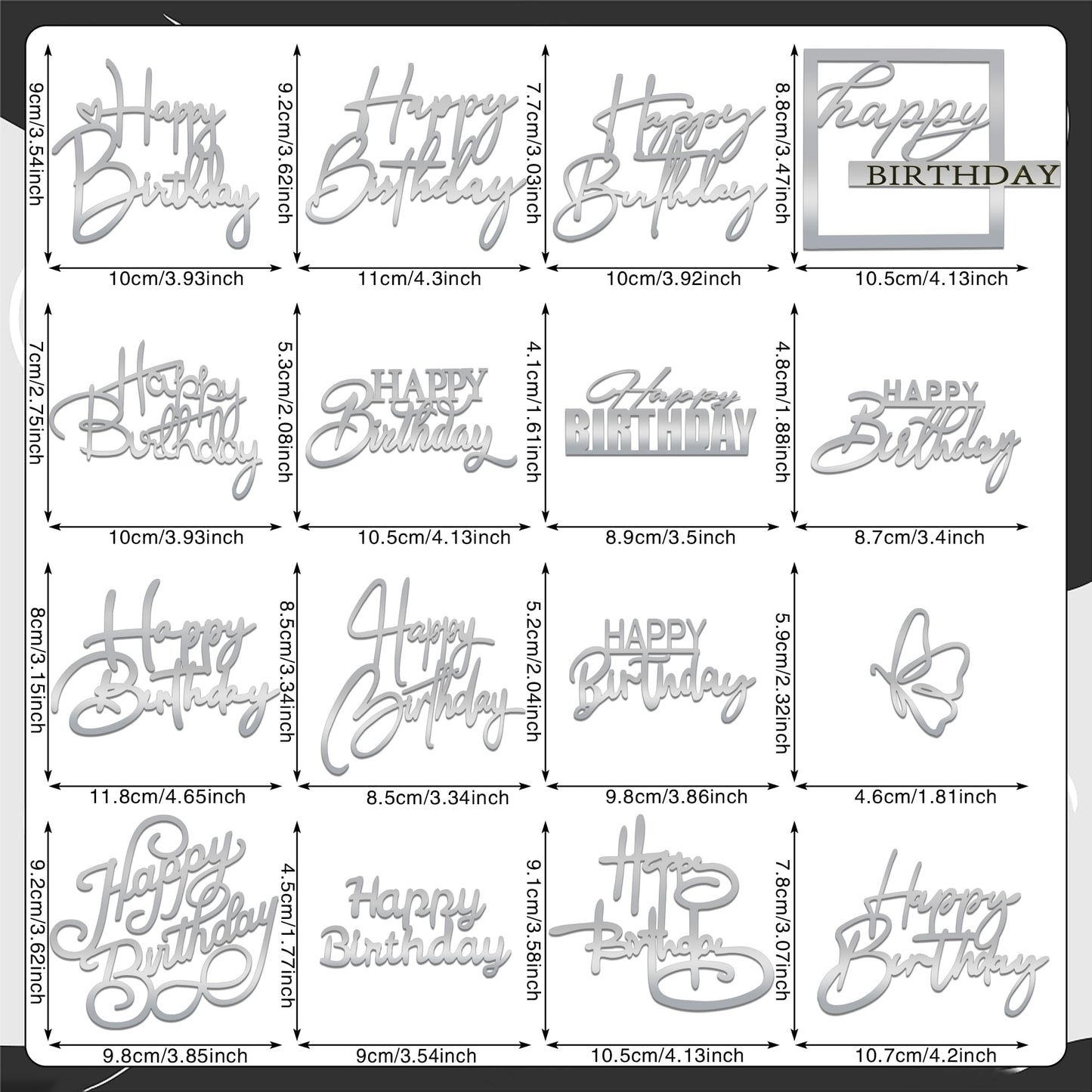 15 Pcs Silver Happy Birthday Cake Toppers Mirror Acrylic Cake Topper Side Cake Decorations Silver Cake Inserts Cake Decorating S
