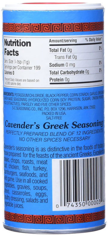 Cavenders, Seasoning Greek Salt Free, 7 Ounce