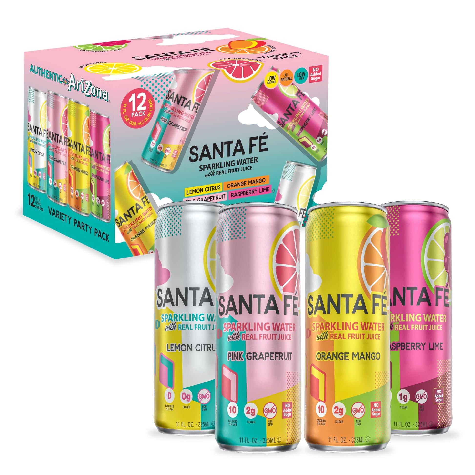 Arizona Santa Fe Sparkling Water With Real Fruit Juice, 11 Fl Oz Can, 4 Flavor Variety Pack - Lemon Citrus, Raspberry Lime, Pink Grapefruit, Orange Mango - No Added Sugar (Pack Of 12)