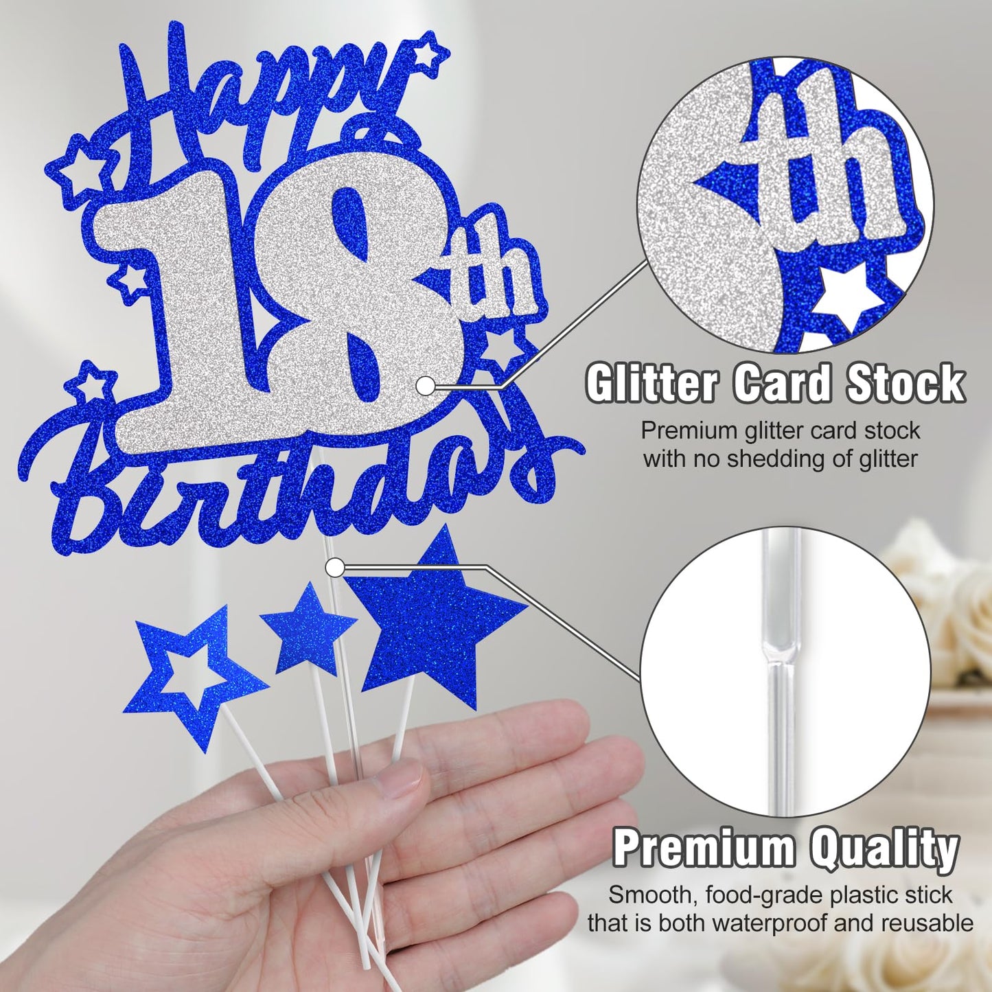 Happy 18Th Birthday Cake Topper, Blue And Silver Glitter Cake Toppers, 18 Year Birthday Party Cake Decoration