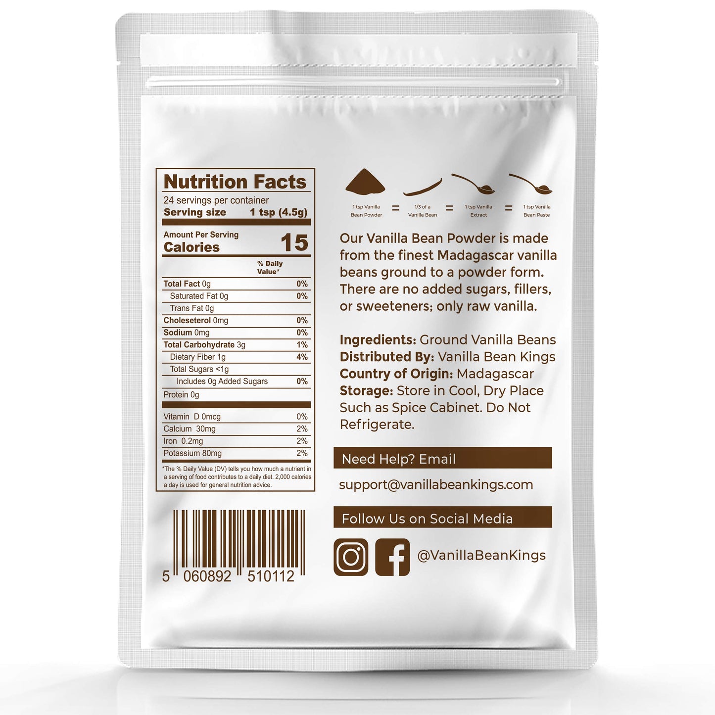 Vanilla Bean Kings Organic Vanilla Bean Powder - 100% Pure Madagascar Vanilla - 2 oz - Brown