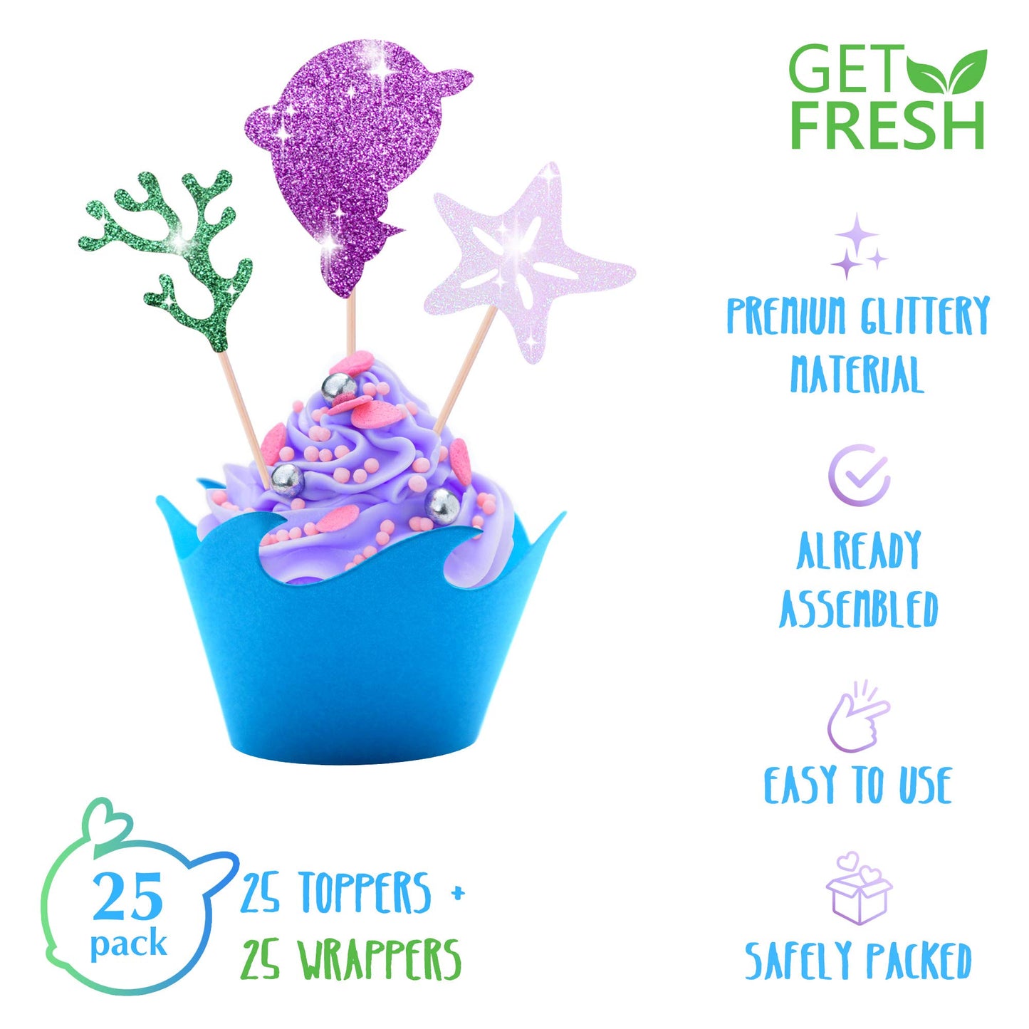 GET FRESH Narwhal Cupcake Toppers and Wrappers Set - 25 Piece Glittery Paper Birthday Party Supplies - Narwhal Color