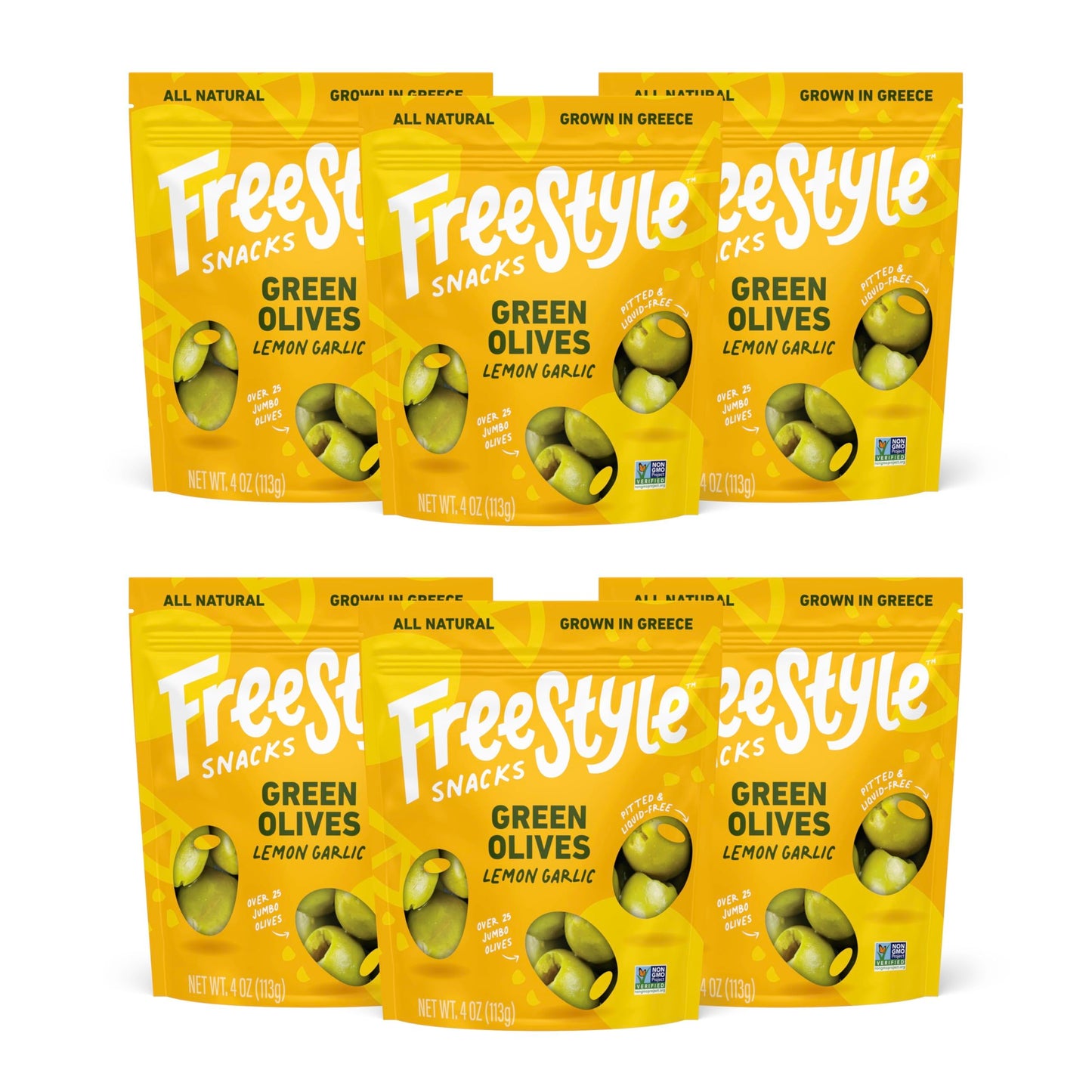 Freestyle Snacks Olive Snack Packs - Jumbo Green Olives, All Natural, Non-GMO, Lemon Garlic, 4oz (6 Pack)