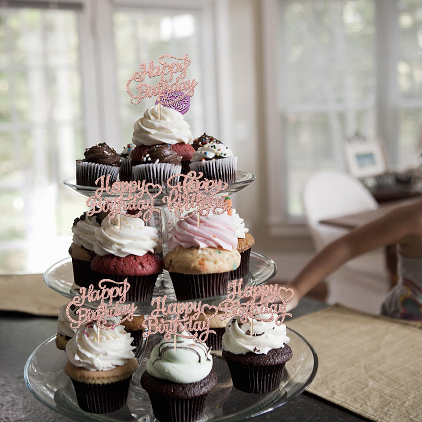 YCTHUNFISH 30 Pack Cupcake Toppers - Glitter Rose Gold Bamboo Picks for Birthday Party Decorations