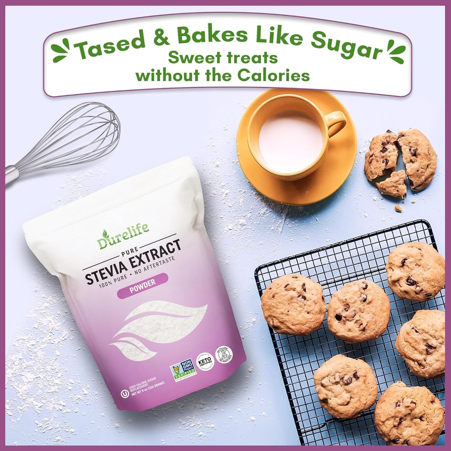 Durelife 100% Pure stevia extract sweetener | No Erythritol  NON-GMO Project Verified  No Fillers  Zero Calorie Sugar Substitute | No Aftertaste | Micro-Spoon Included (16 Ounce (Pack of 1))