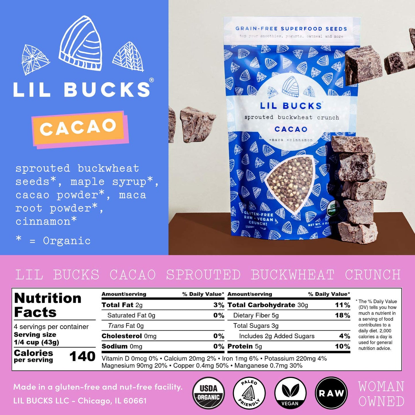 Lil Bucks Paleo Cereal - Sprouted Buckwheat Groats, Gluten Free Granola (Cacao, 3 Pack)