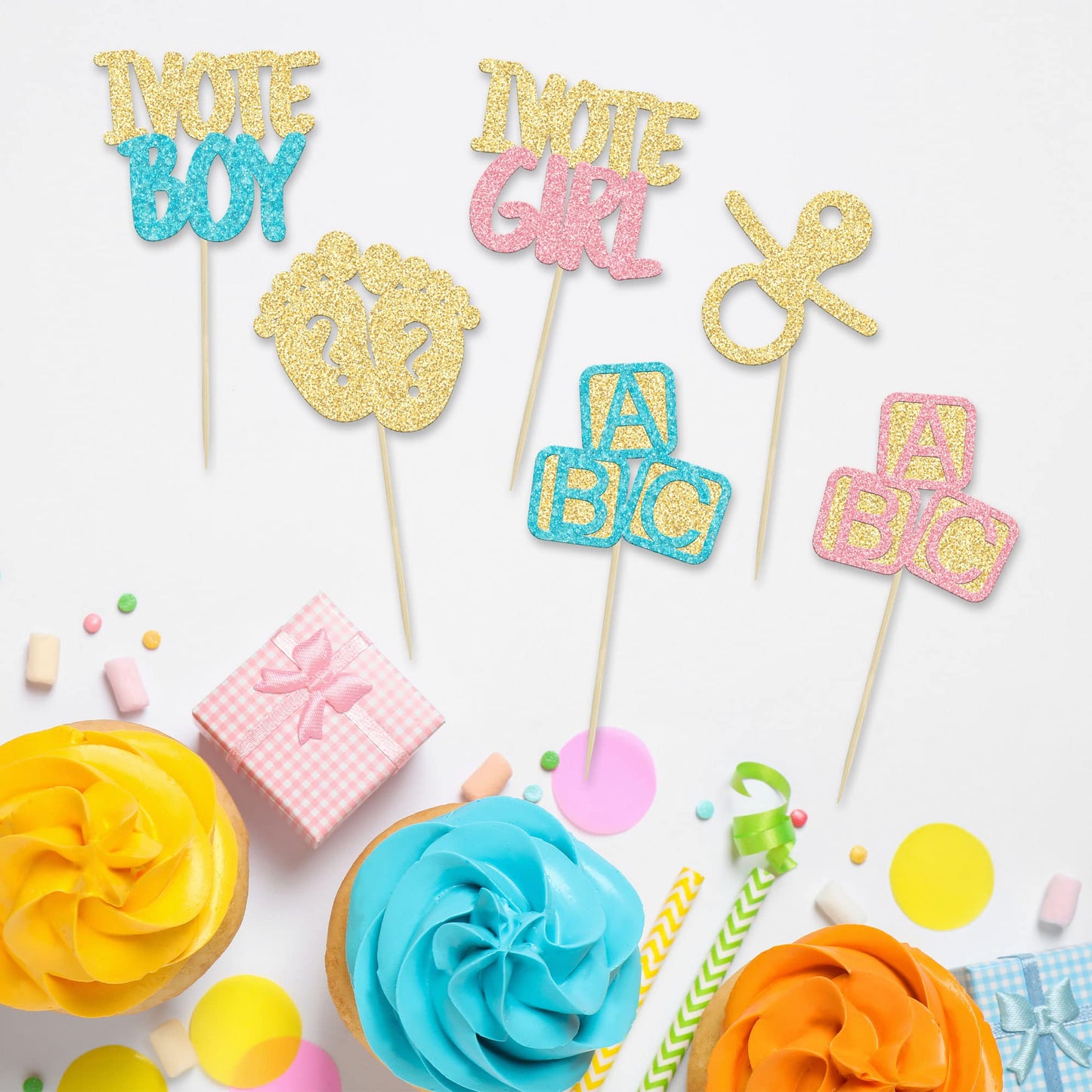 24Pcs Boy Or Girl Cupcake Toppers Gender Reveal Cupcake Picks Glitter Baby Shower Cupcake Decorations Vote Boy Or Girl Cake Deco