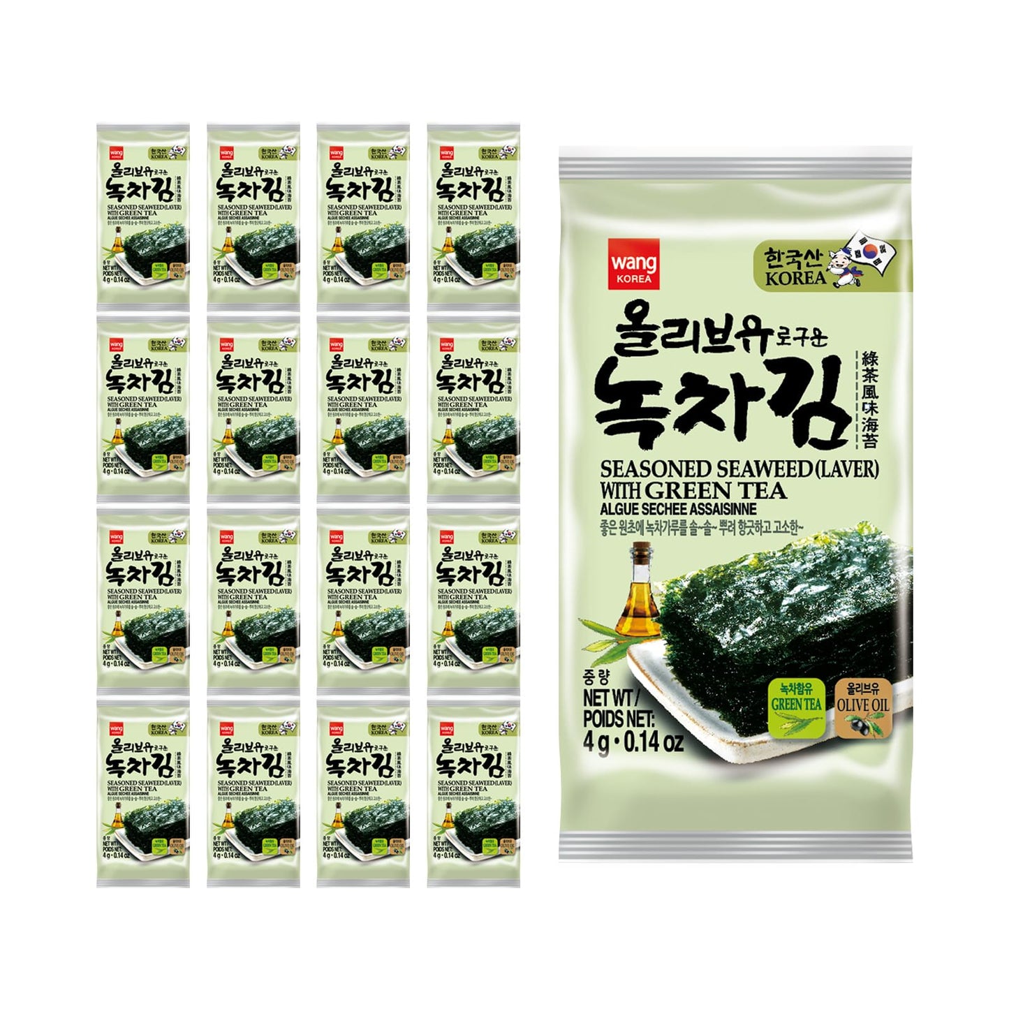 Wang Olive Oil Roasted Seaweed Snack with Green Tea, Gluten-free, Keto-friendly, Vegan, Healthy Snack 0.14 Ounce, Pack of 16